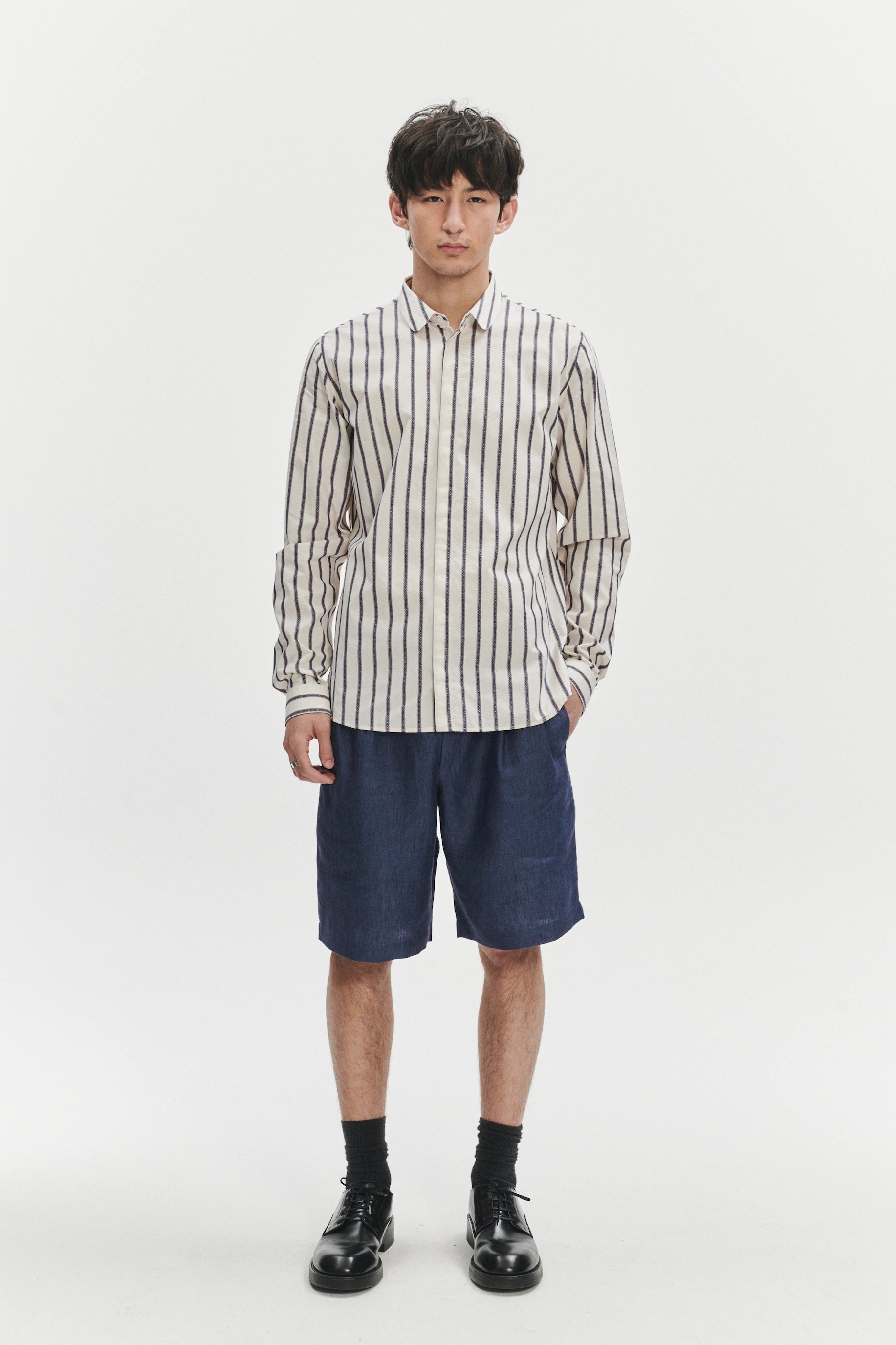 Cute Round Collar Shirt in an Ethno Inspired Blue with Red Striped White Italian Organic Cotton