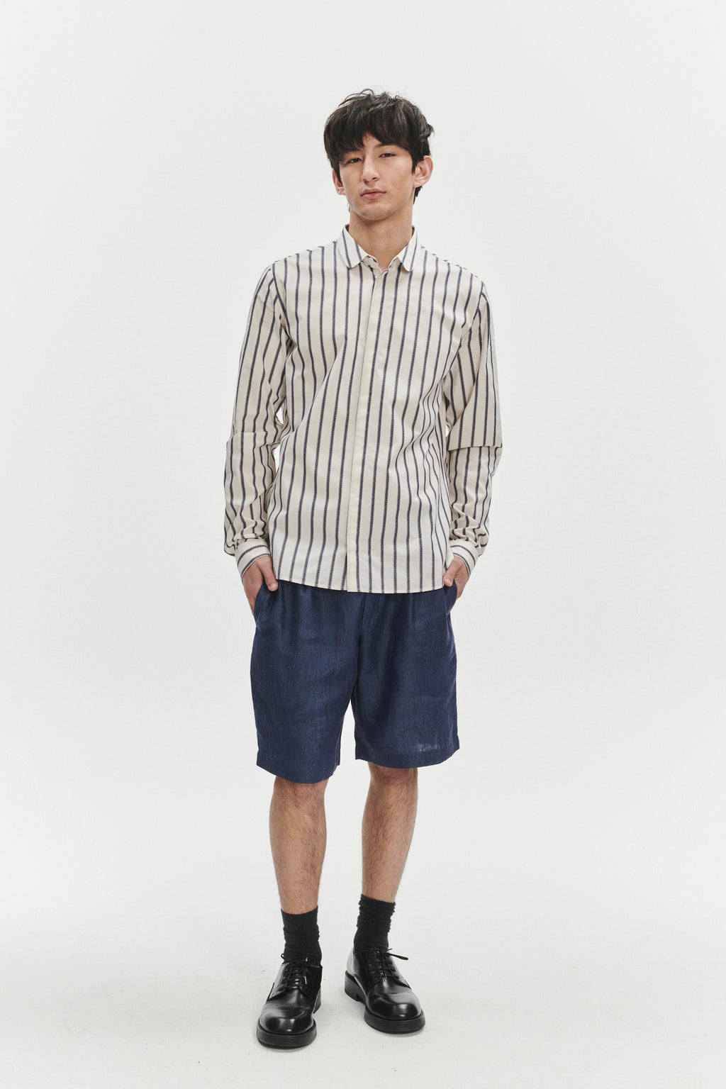 Cute Round Collar Shirt in an Ethno Inspired Blue with Red Striped White Italian Organic Cotton