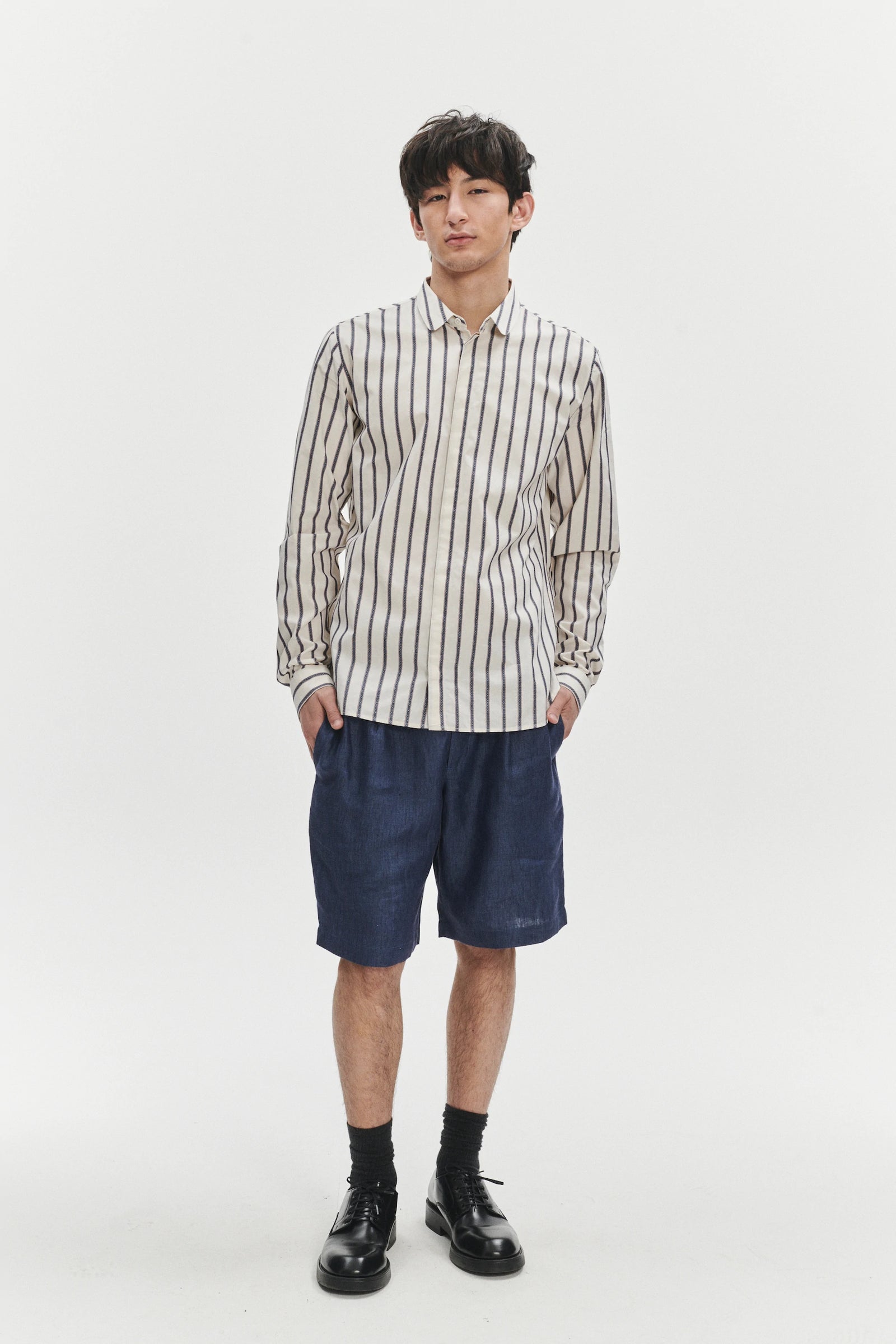 Cute Round Collar Shirt in a Blue and Red Striped White Italian Organic Cotton