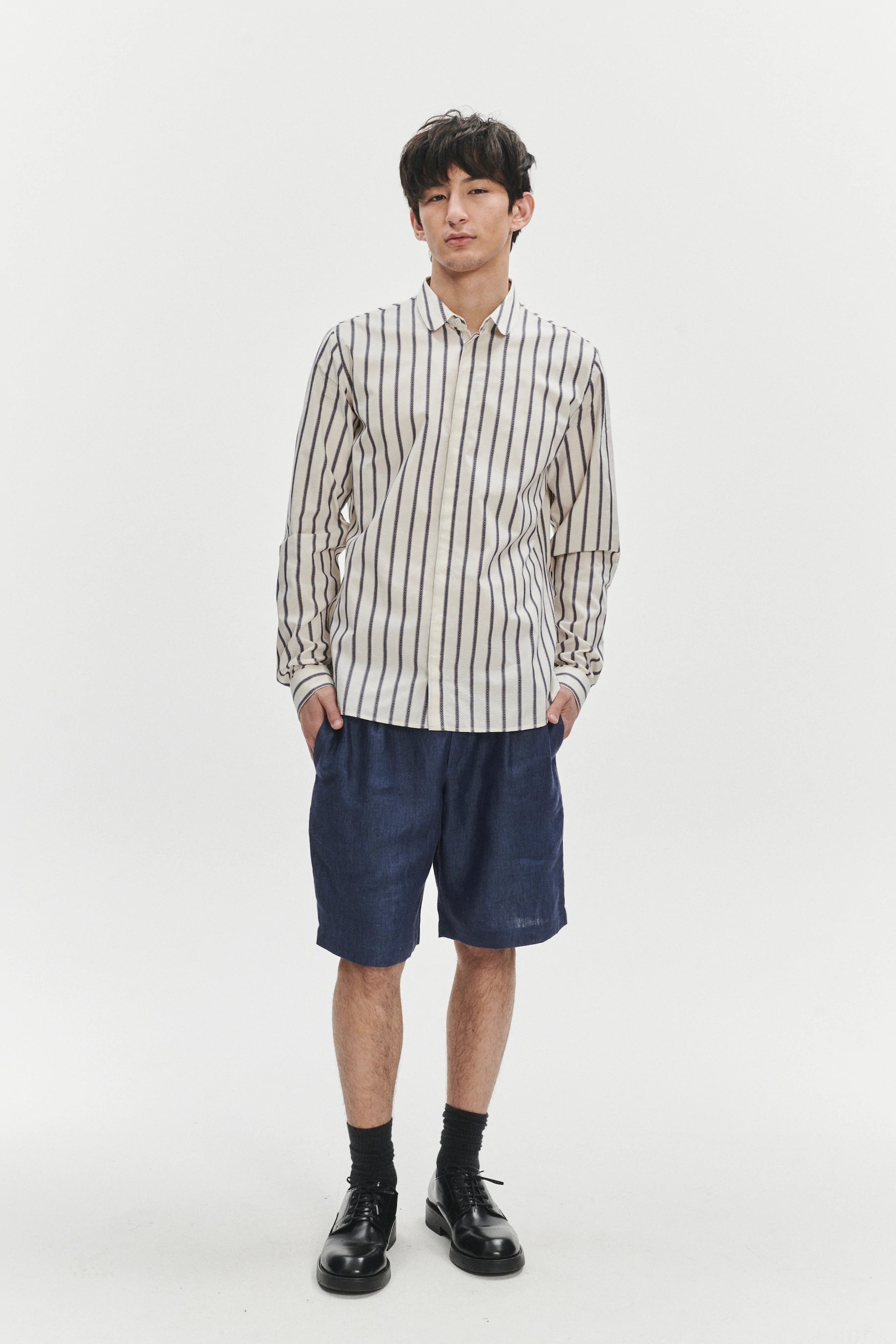 Cute Round Collar Shirt in an Ethno Inspired Blue with Red Striped White Italian Organic Cotton