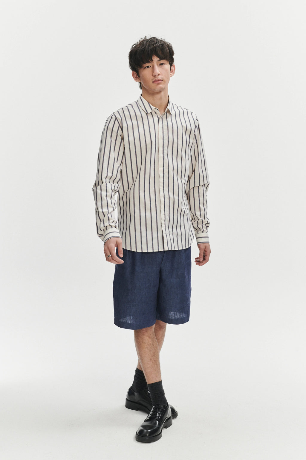 Cute Round Collar Shirt in an Ethno Inspired Blue with Red Striped White Italian Organic Cotton