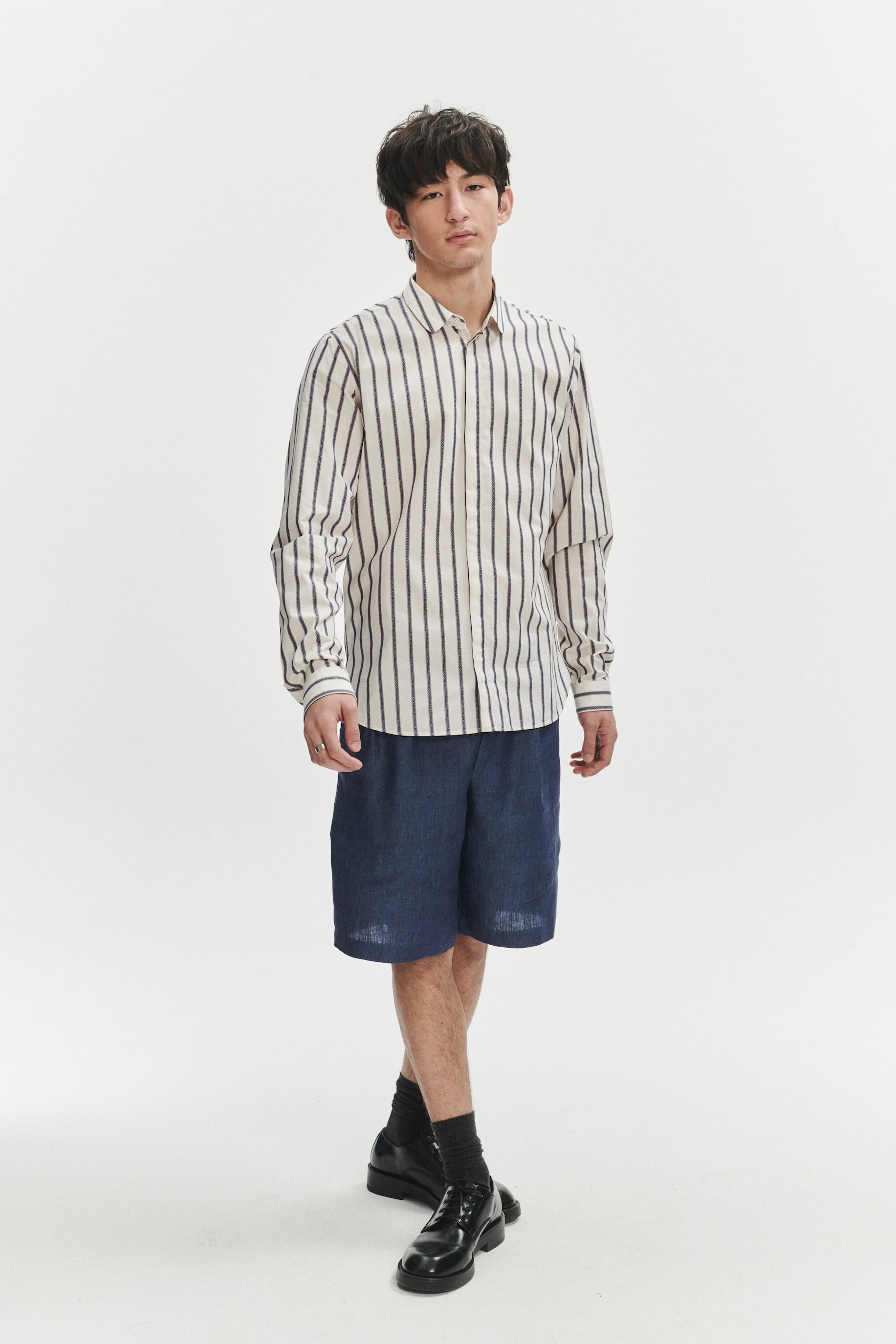 Cute Round Collar Shirt in an Ethno Inspired Blue with Red Striped White Italian Organic Cotton