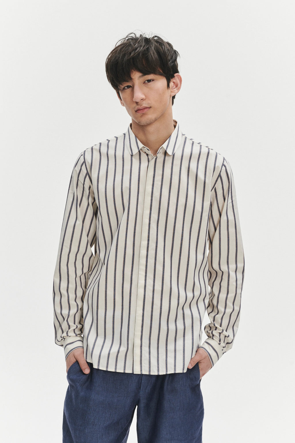 Cute Round Collar Shirt in an Ethno Inspired Blue with Red Striped White Italian Organic Cotton