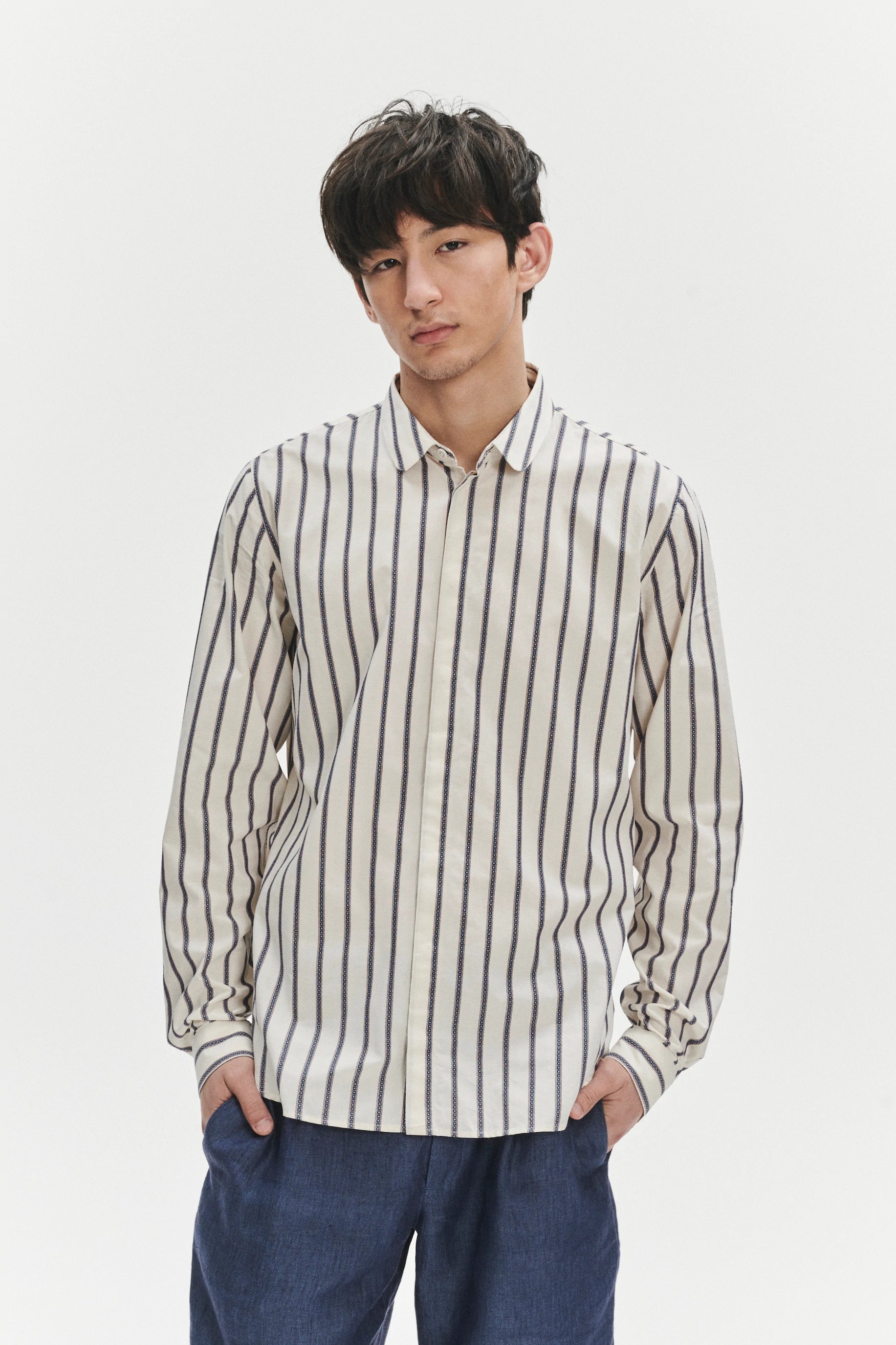 Cute Round Collar Shirt in an Ethno Inspired Blue with Red Striped White Italian Organic Cotton