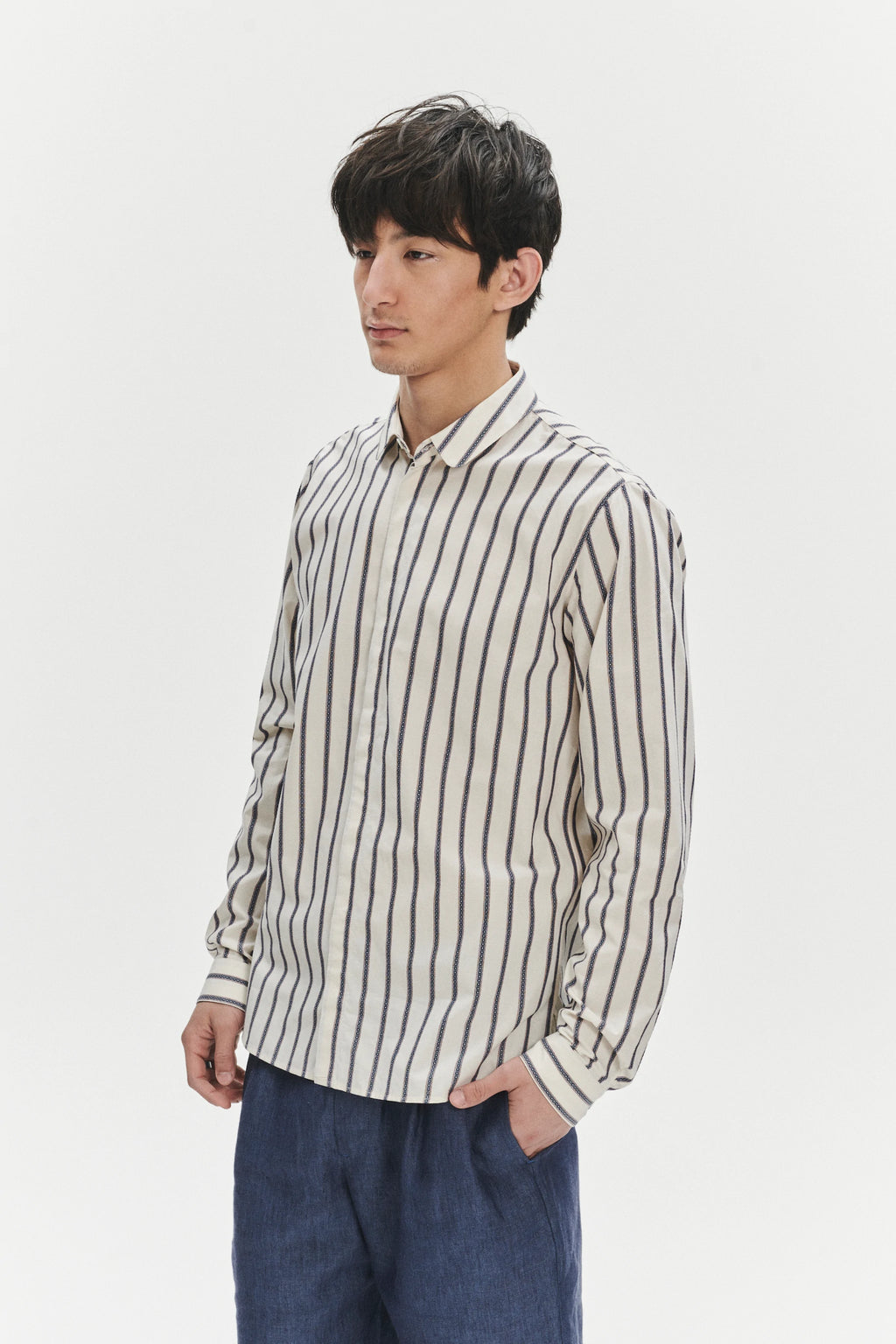 Cute Round Collar Shirt in an Ethno Inspired Blue with Red Striped White Italian Organic Cotton