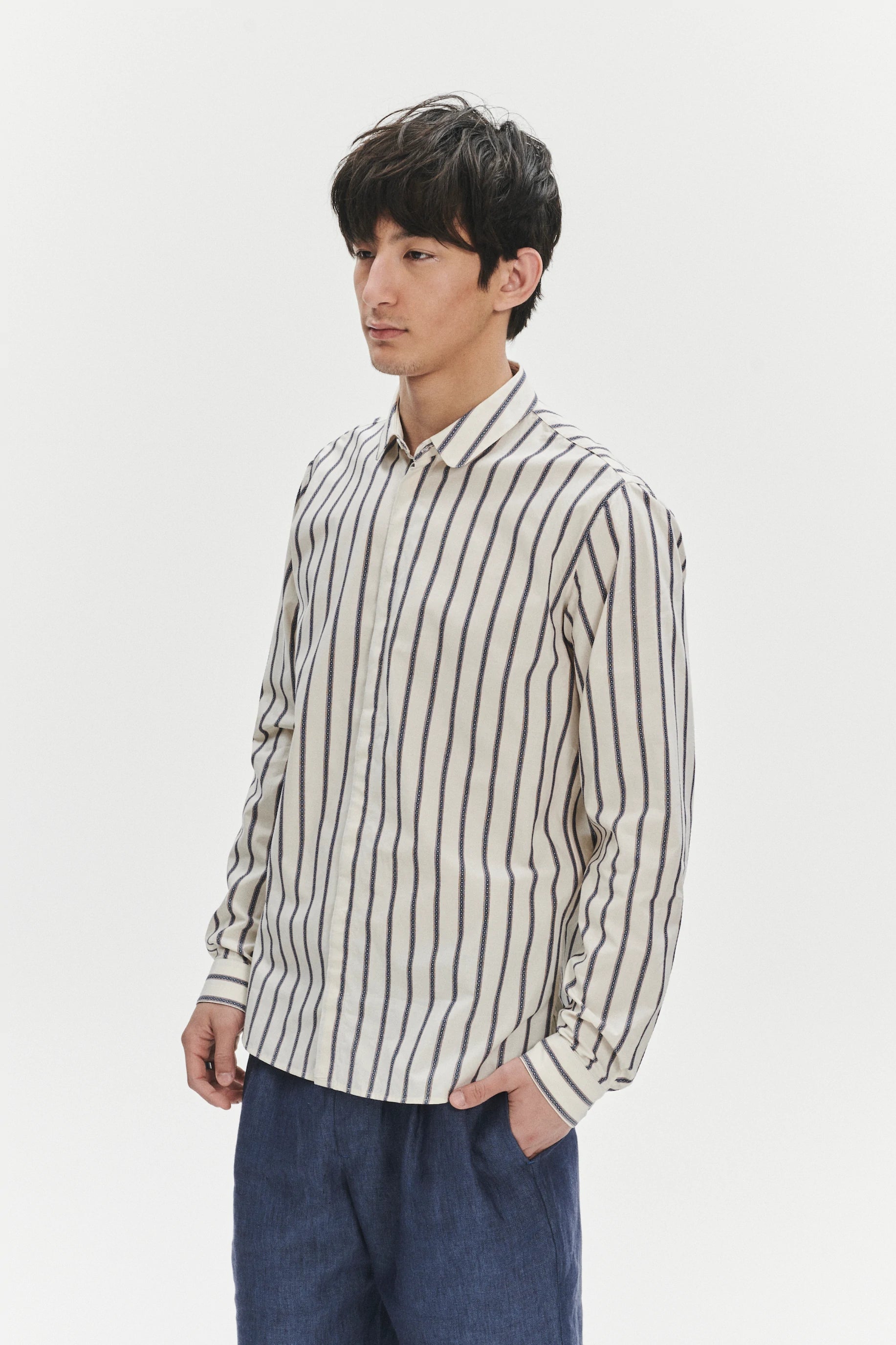 Cute Round Collar Shirt in an Ethno Inspired Blue with Red Striped White Italian Organic Cotton