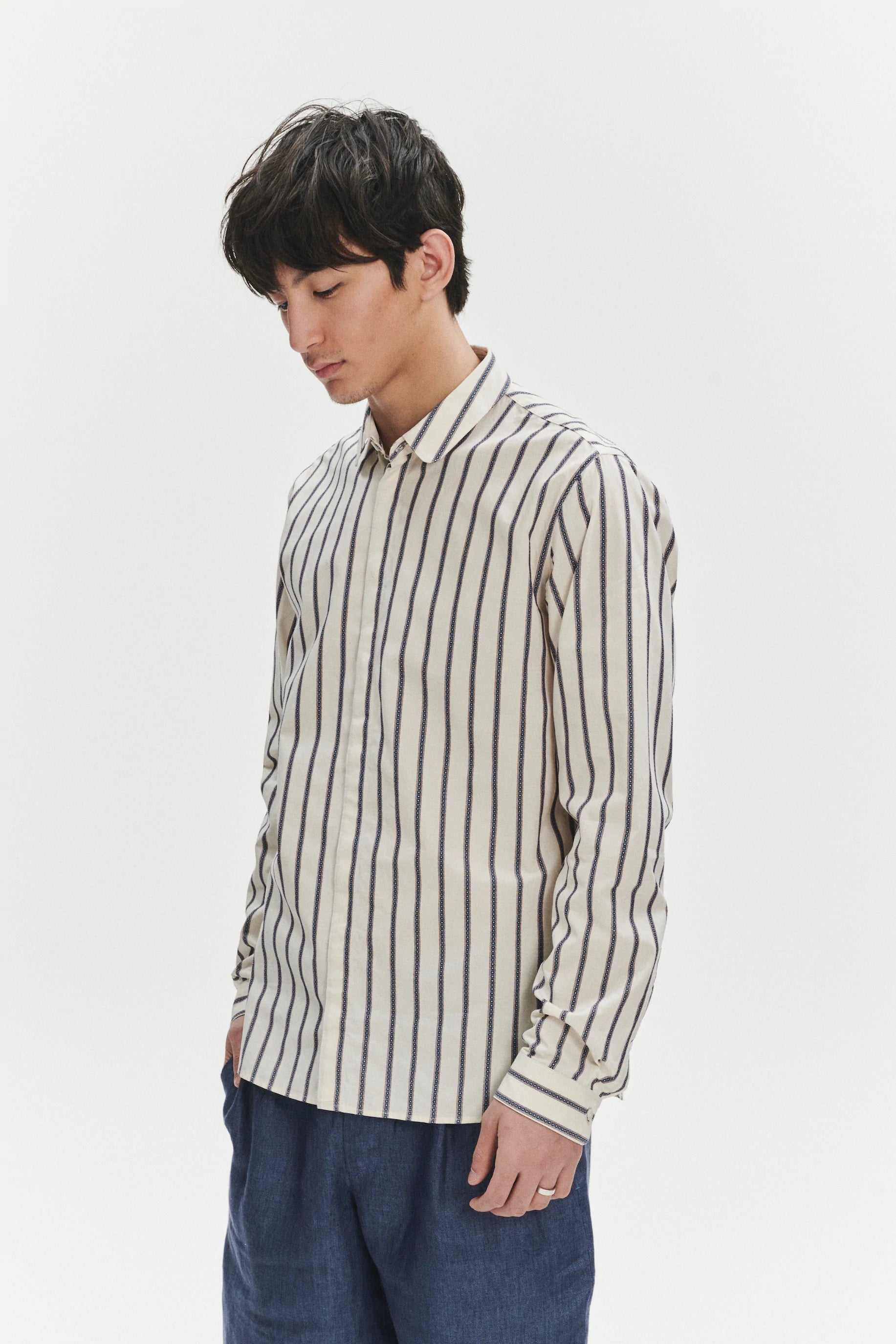 Cute Round Collar Shirt in an Ethno Inspired Blue with Red Striped White Italian Organic Cotton