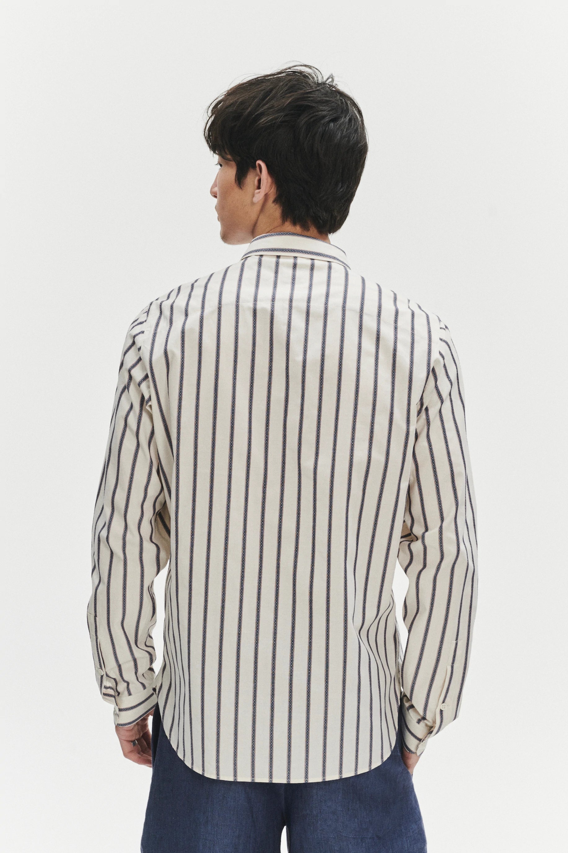 Cute Round Collar Shirt in an Ethno Inspired Blue with Red Striped White Italian Organic Cotton
