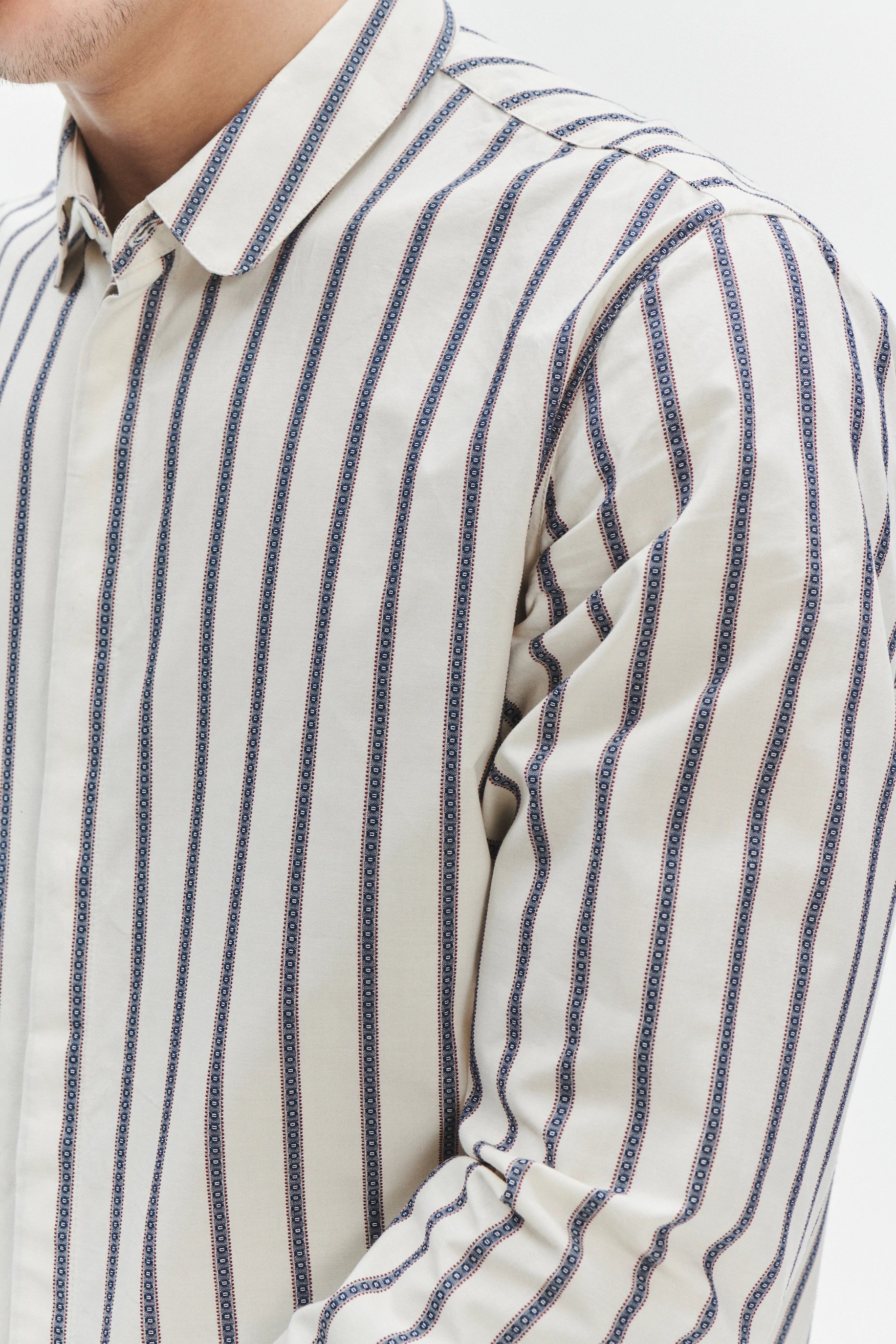 Cute Round Collar Shirt in an Ethno Inspired Blue with Red Striped White Italian Organic Cotton