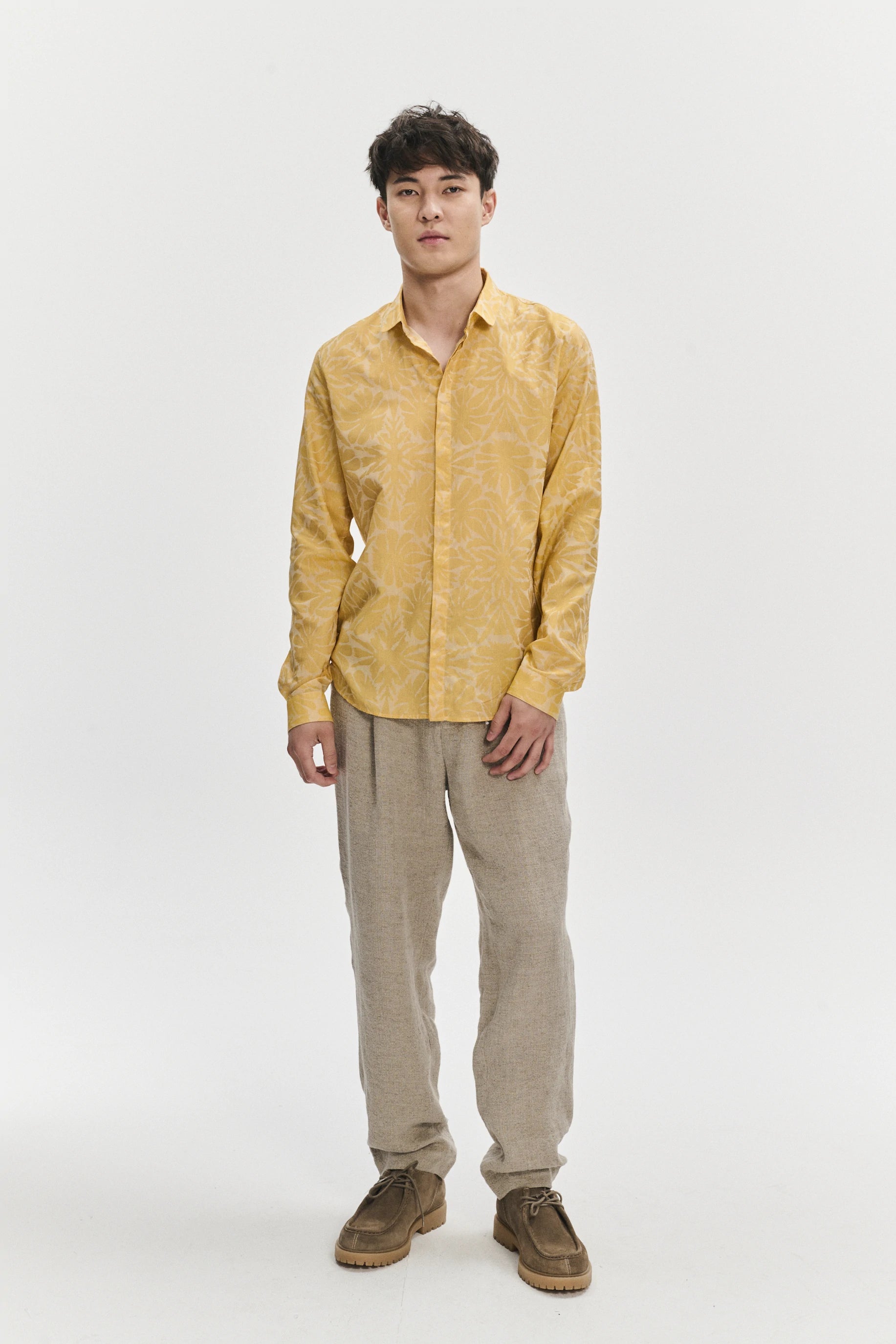 Yellow Long Sleeve Shirt Brown Leather Belt Khaki Pants Brown Sneakers -  Men's Fashion For Less