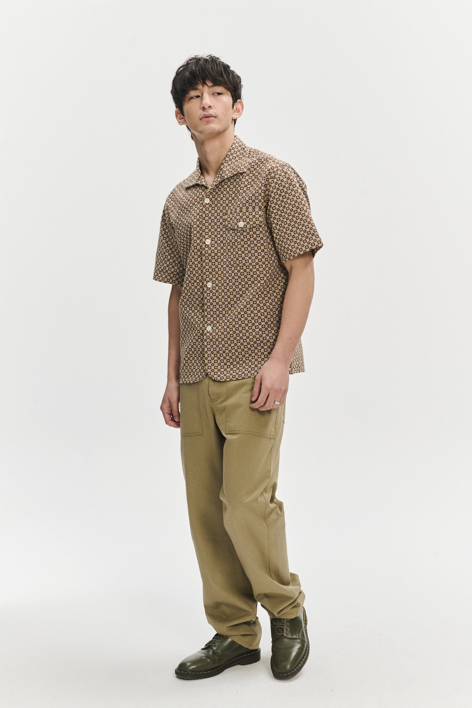 Short Sleeve Tiger Spread Collar Shirt in a Brown and Yellow Portuguese Jacquard Woven Cotton