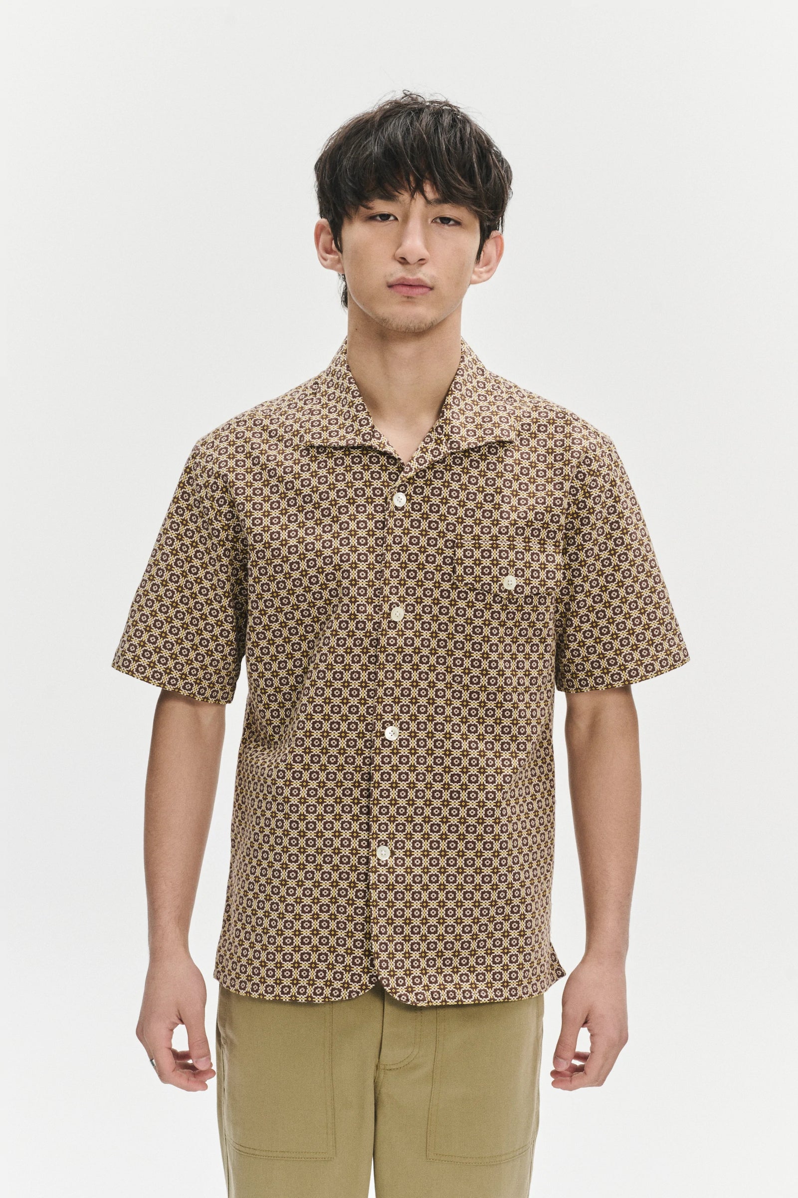 Short Sleeve Tiger Spread Collar Shirt in a Brown and Yellow Portuguese Jacquard Woven Cotton