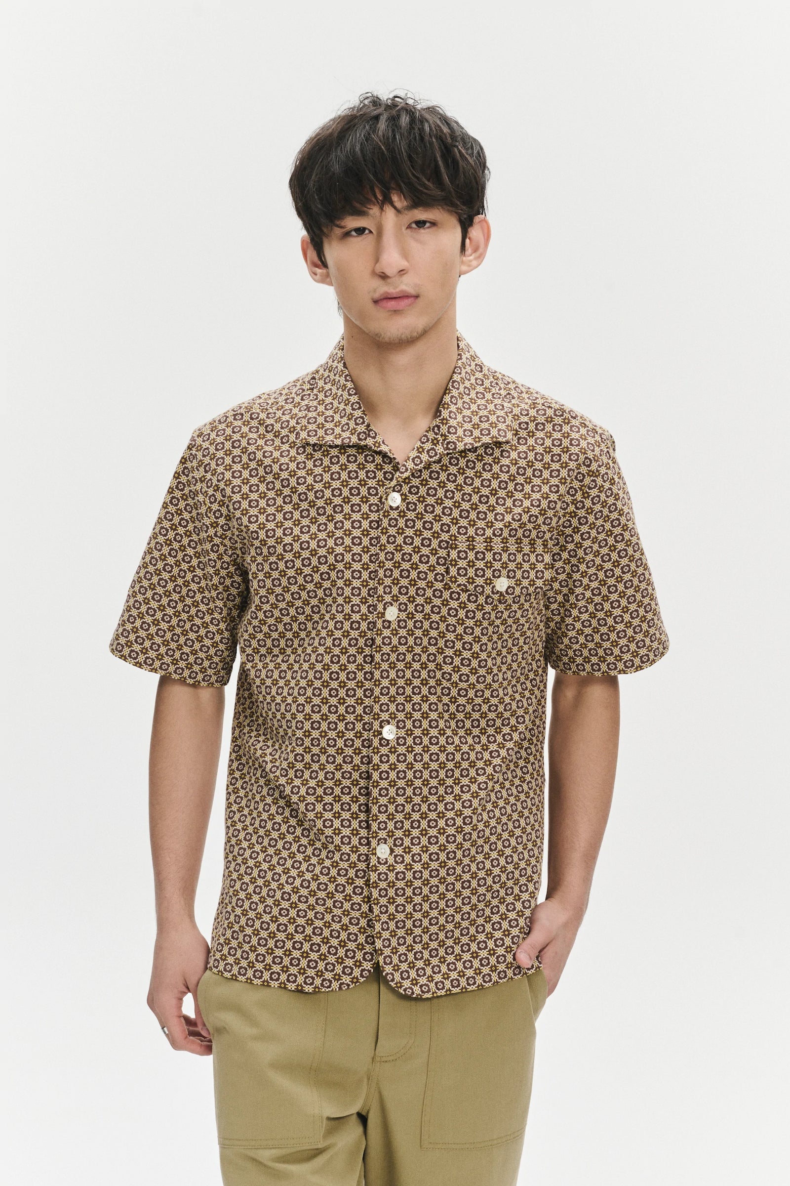 Short Sleeve Tiger Spread Collar Shirt in a Brown and Yellow Portuguese Jacquard Woven Cotton