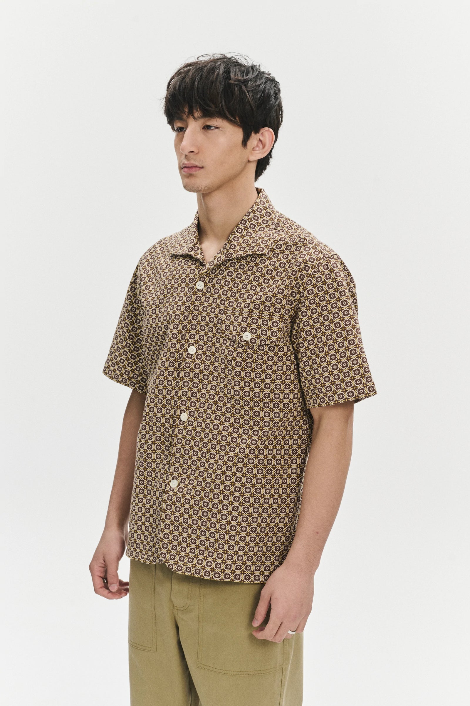 Short Sleeve Tiger Spread Collar Shirt in a Brown and Yellow Portuguese Jacquard Woven Cotton