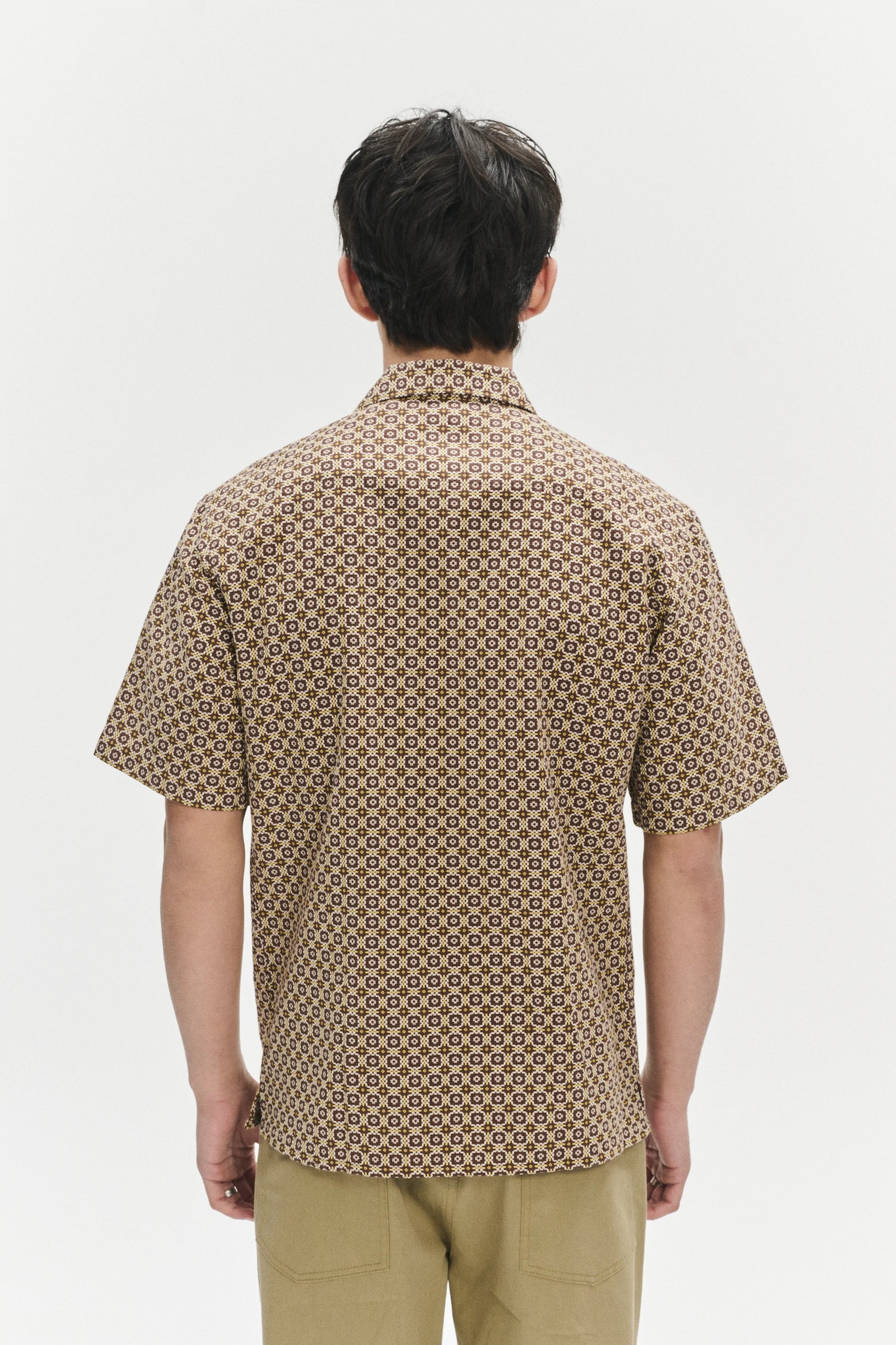 Short Sleeve Tiger Spread Collar Shirt in a Brown and Yellow Portuguese Jacquard Woven Cotton