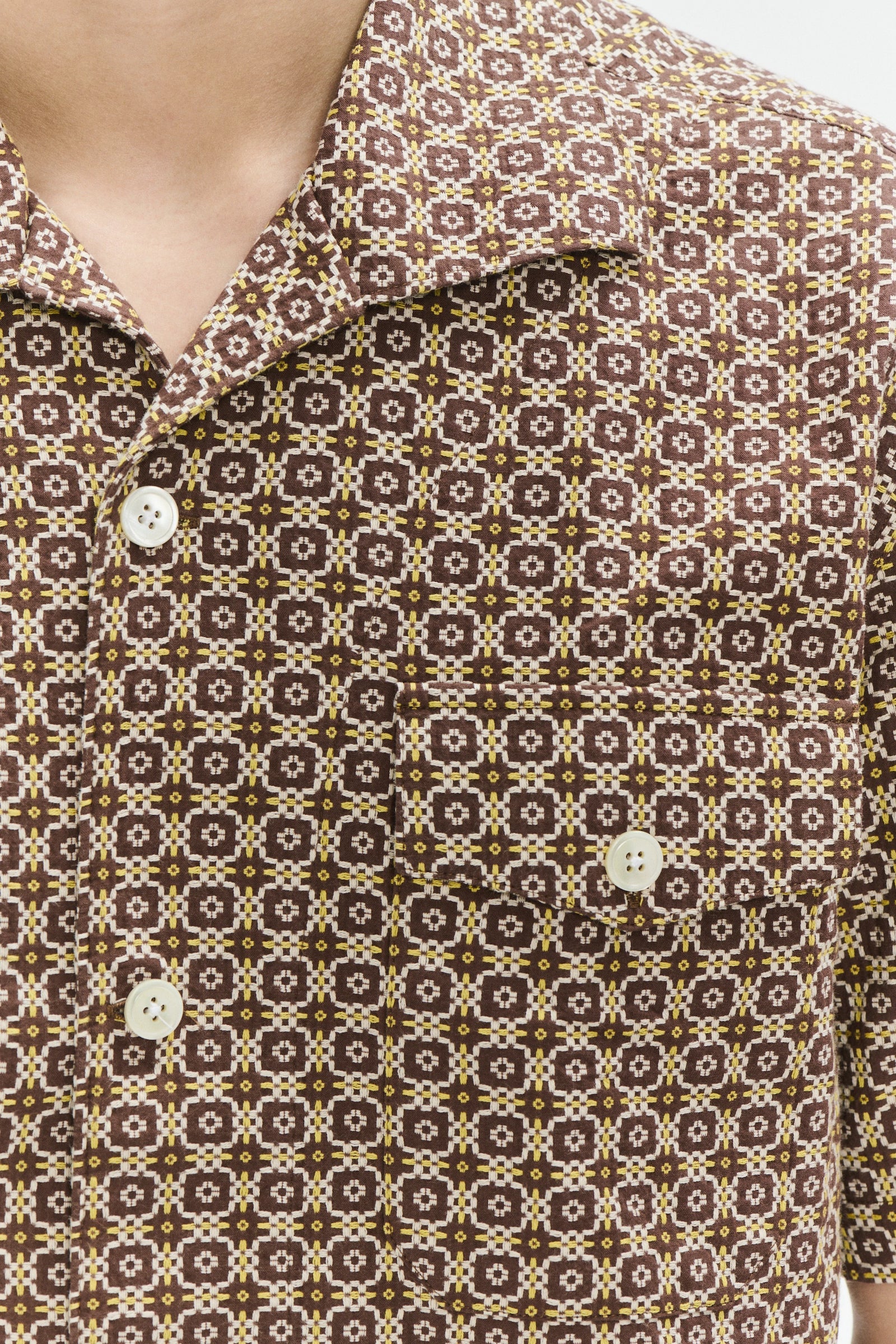 Short Sleeve Tiger Spread Collar Shirt in a Brown and Yellow Portuguese Jacquard Woven Cotton