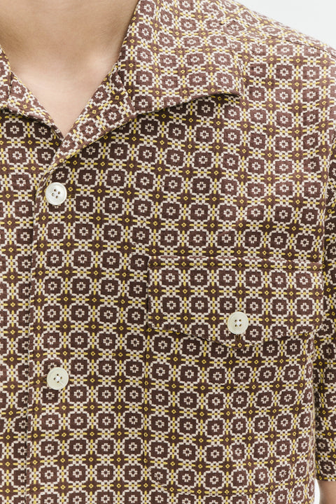 Short Sleeve Tiger Spread Collar Shirt in a Brown and Yellow Portuguese Jacquard Woven Cotton