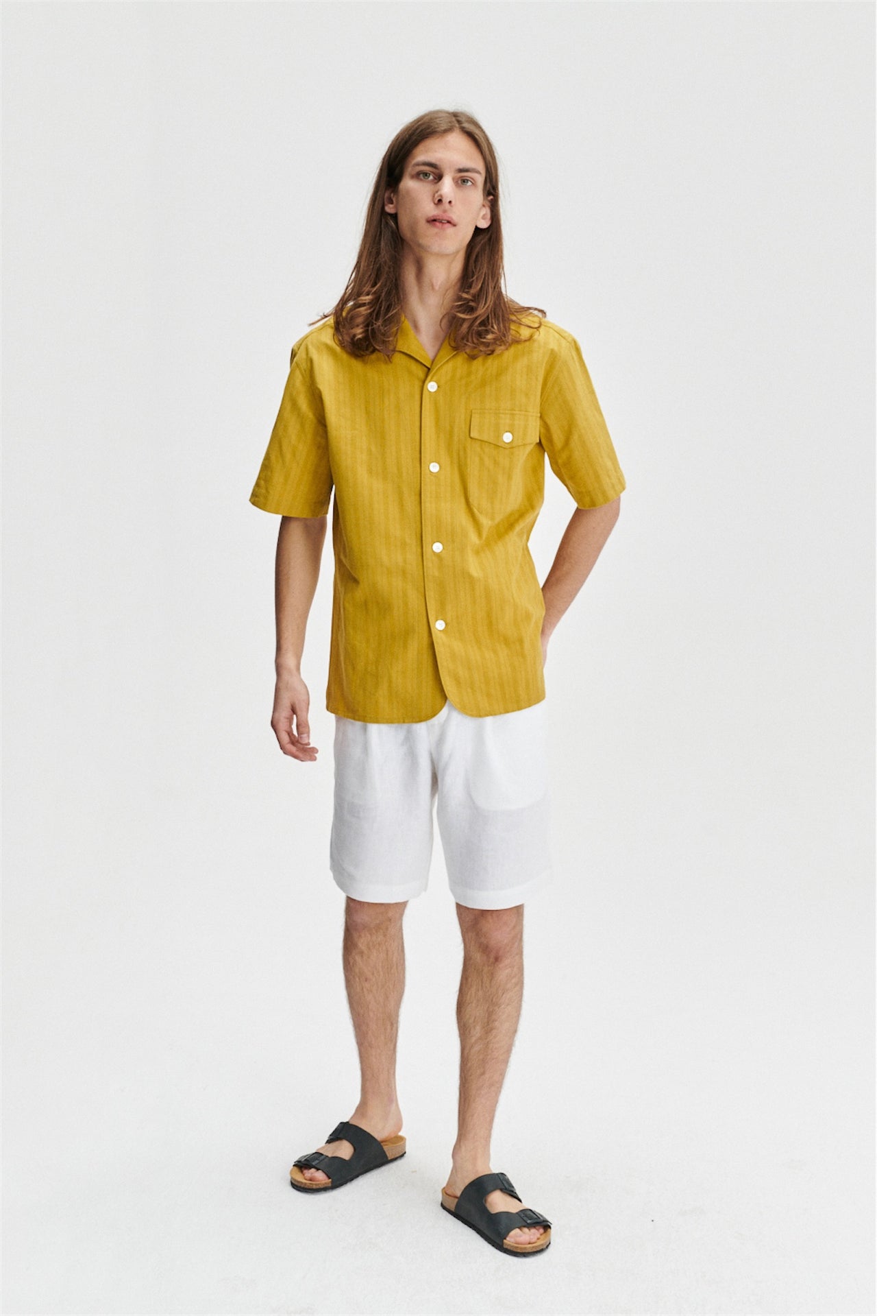 Short Sleeve Relaxed Spread Collar Shirt in a Madras Yellow Jacquard Woven Japanese Cotton