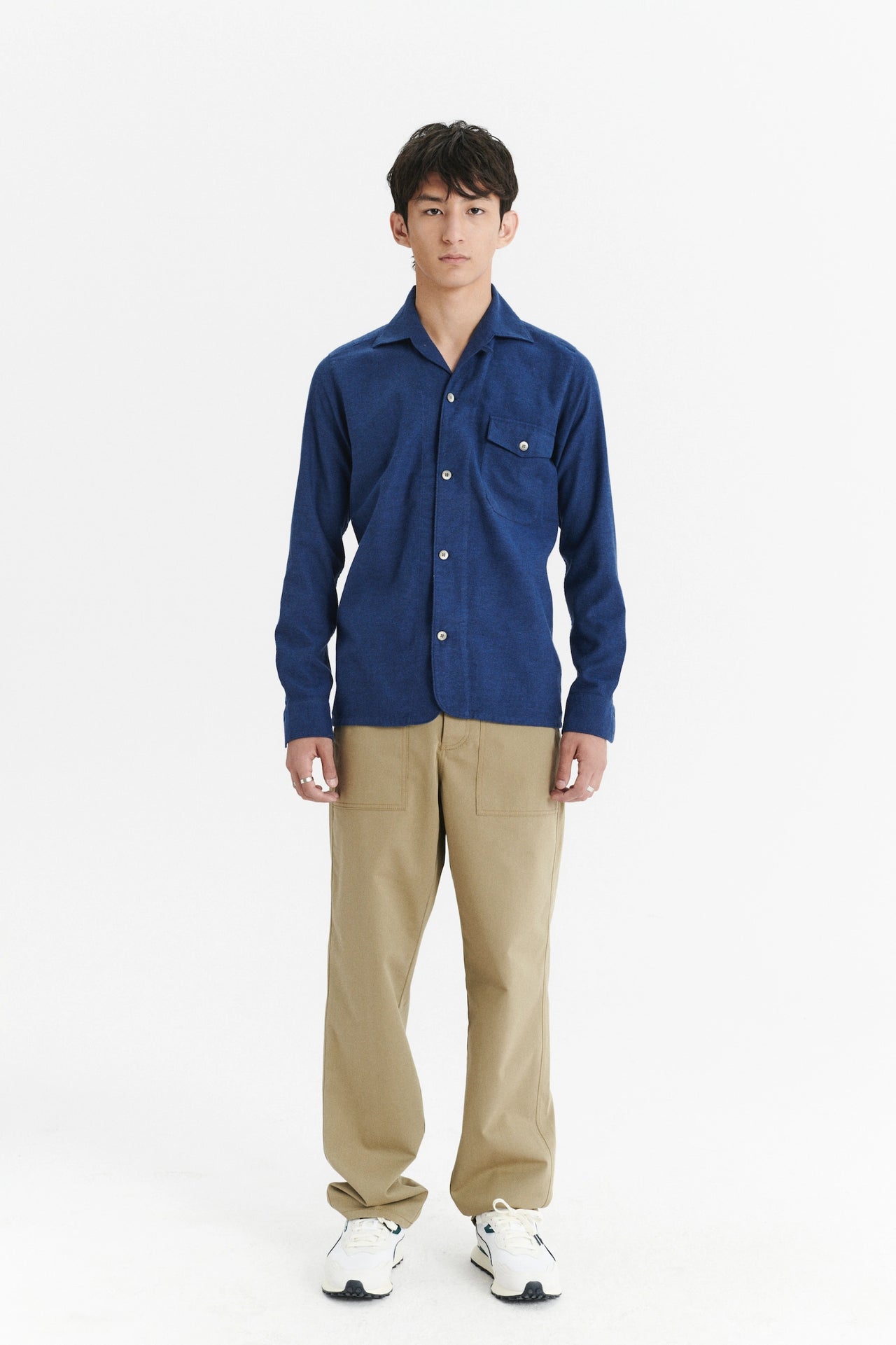 Relaxed Camp Collar Overshirt in a Profound Blue Soft Portuguese Brushed Cotton Flannel