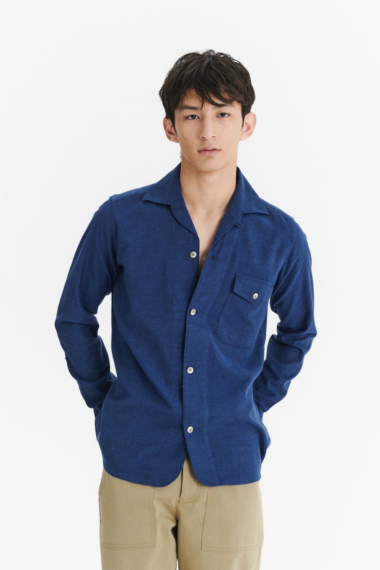 Relaxed Camp Collar Overshirt in a Profound Blue Soft Portuguese Brushed Cotton Flannel