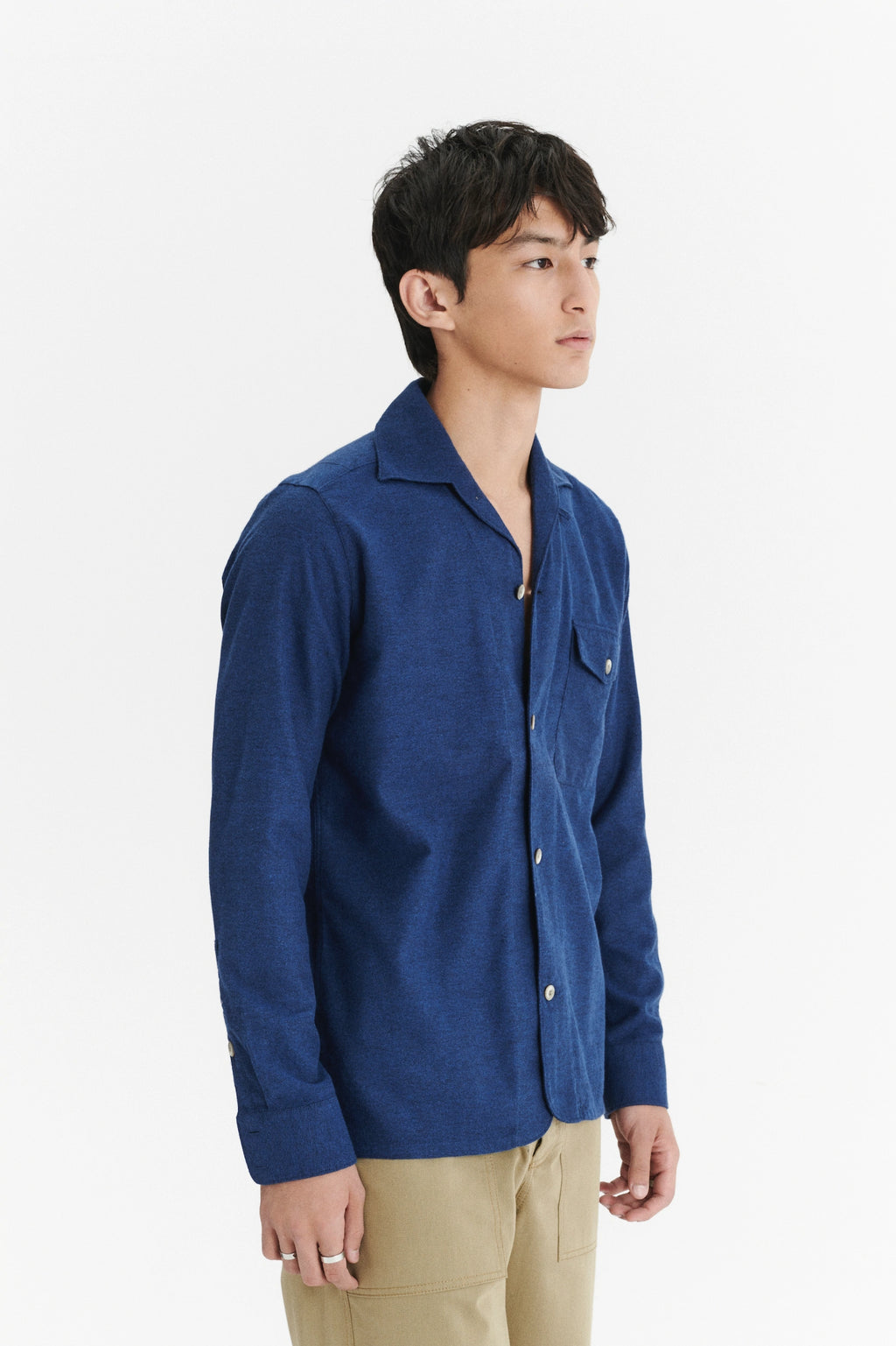 Relaxed Camp Collar Overshirt in a Profound Blue Soft Portuguese Brushed Cotton Flannel