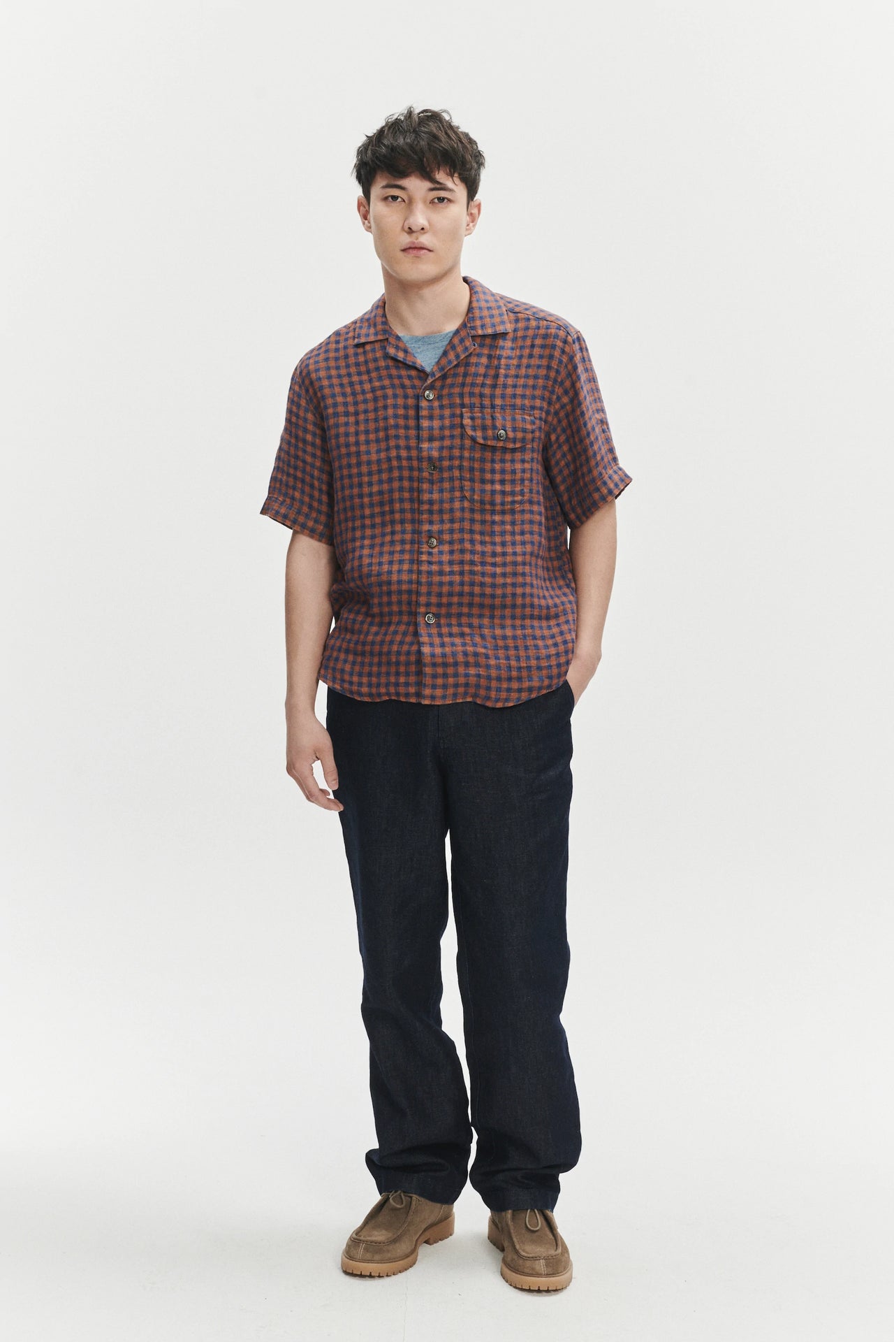Short Sleeve Relaxed Camp Collar Shirt in a Double Sided Rusty Red and Blue Checquered Linen