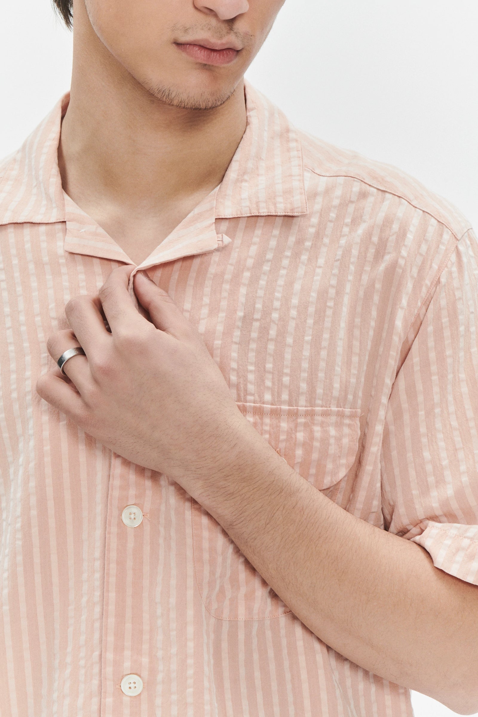 Short Sleeve Camp Collar Shirt in a Peach Pink Striped Soft Portuguese Lyocell