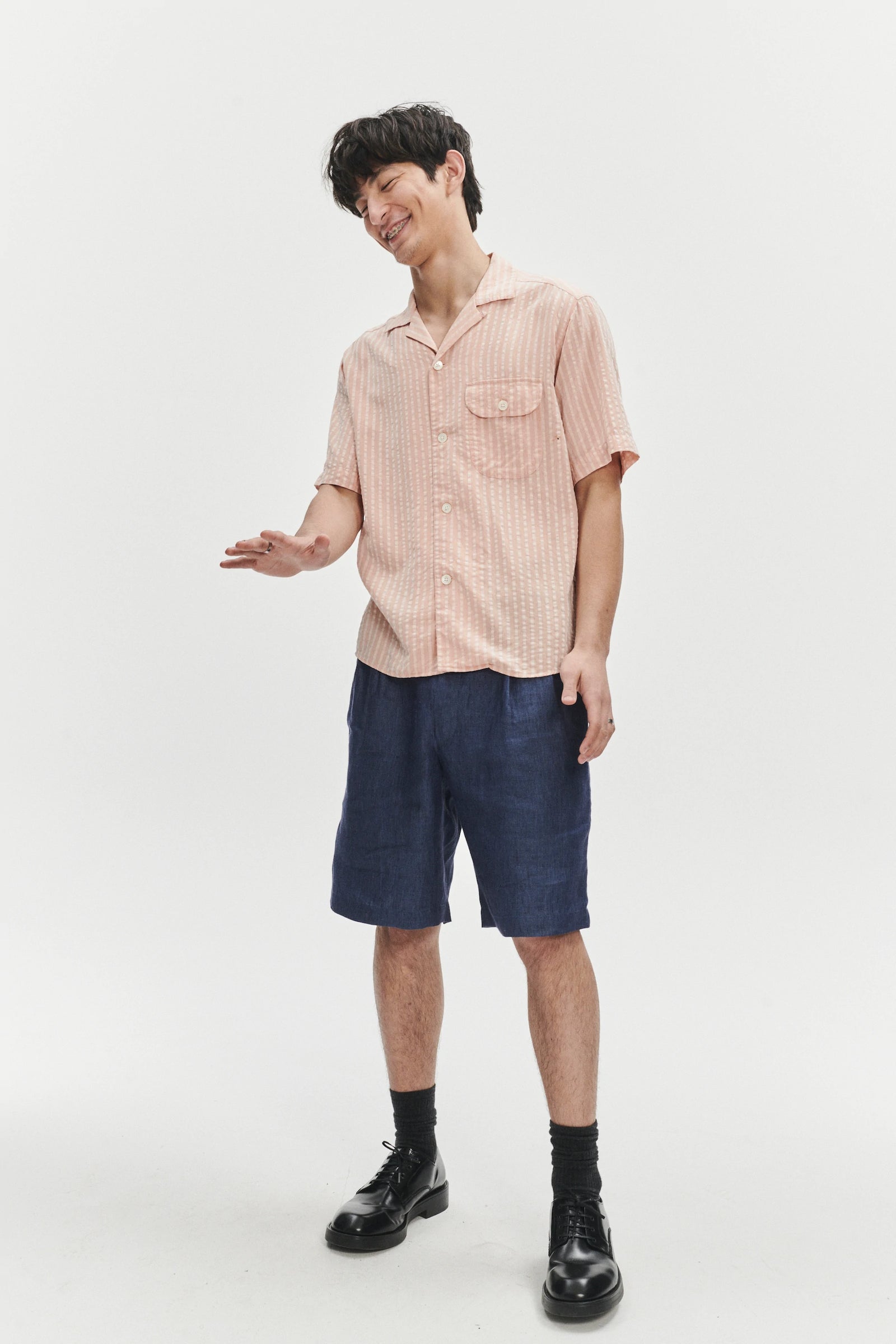 Short Sleeve Camp Collar Shirt in a Peach Pink Striped Soft Portuguese Lyocell
