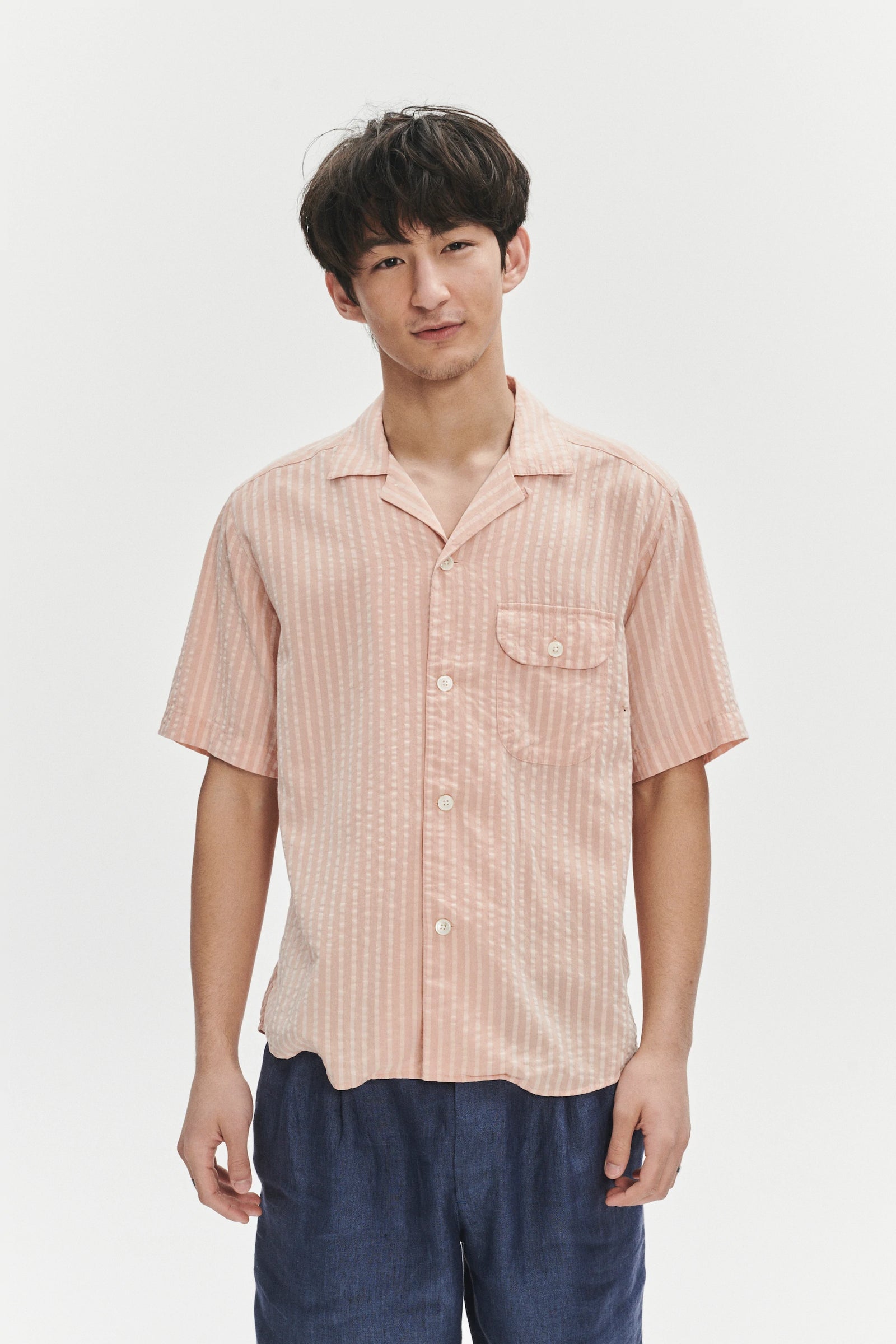 Short Sleeve Camp Collar Shirt in a Peach Pink Striped Soft Portuguese Lyocell
