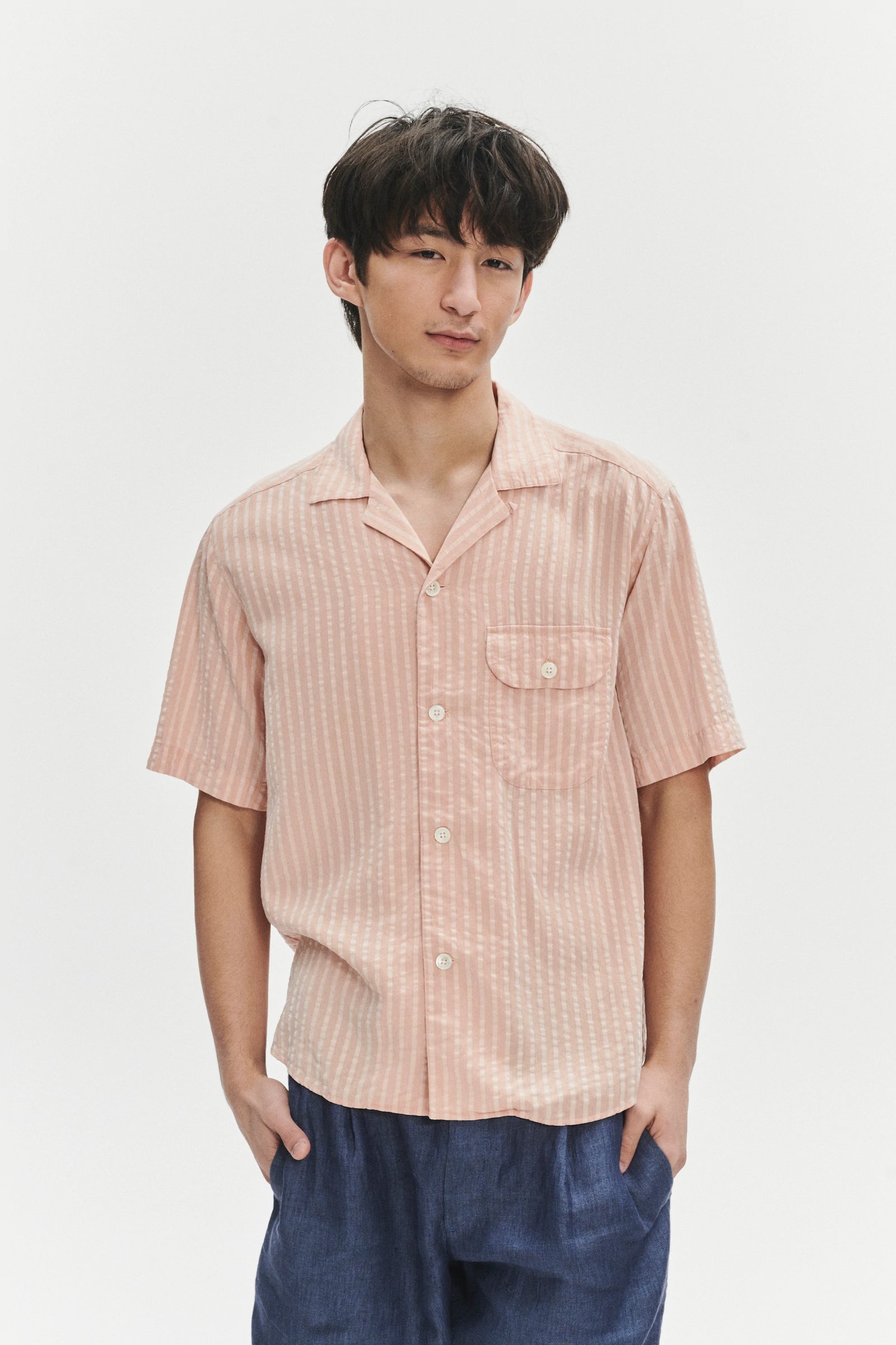 Short Sleeve Camp Collar Shirt in a Peach Pink Striped Soft Portuguese Lyocell