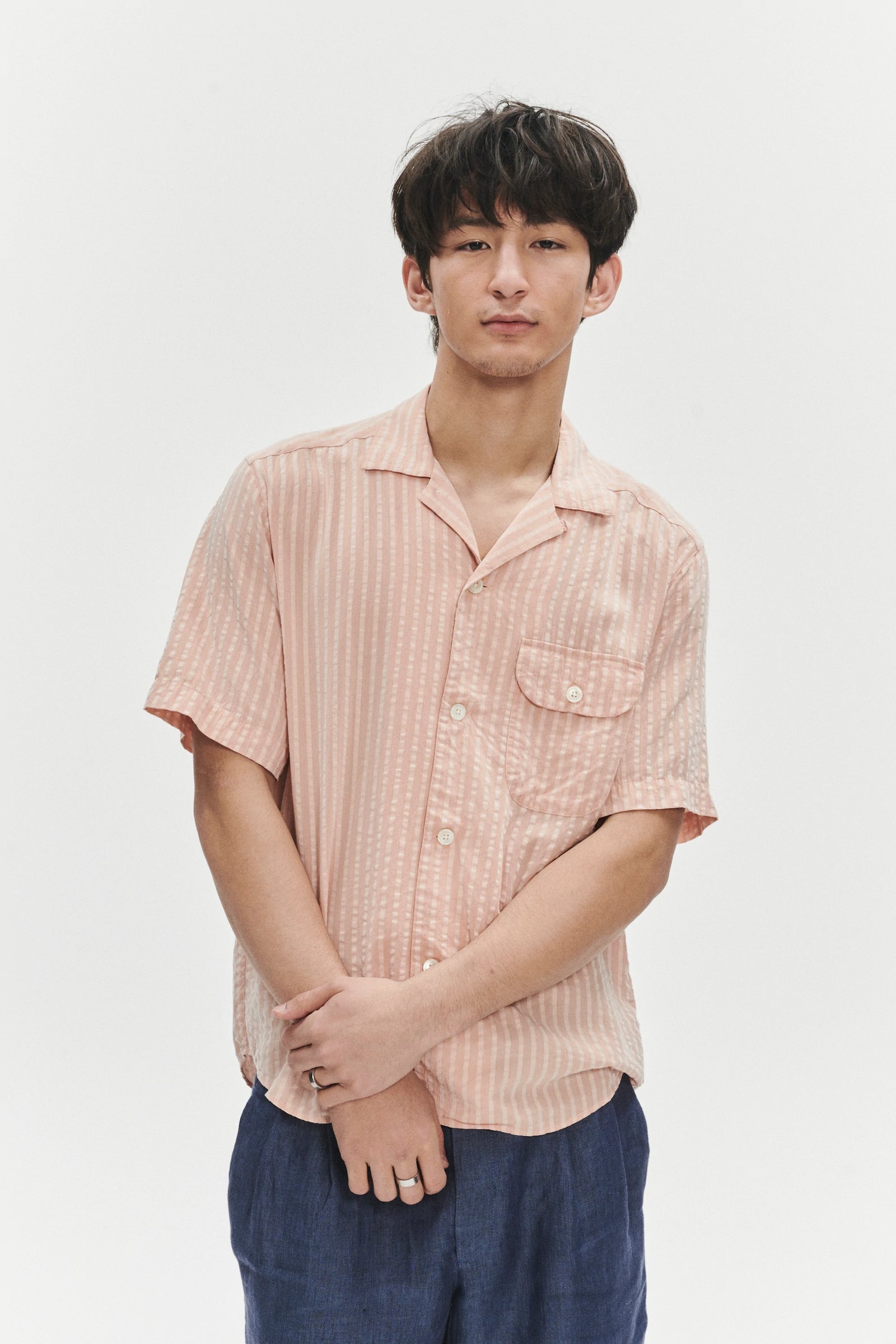 Short Sleeve Camp Collar Shirt in a Peach Pink Striped Soft Portuguese Lyocell