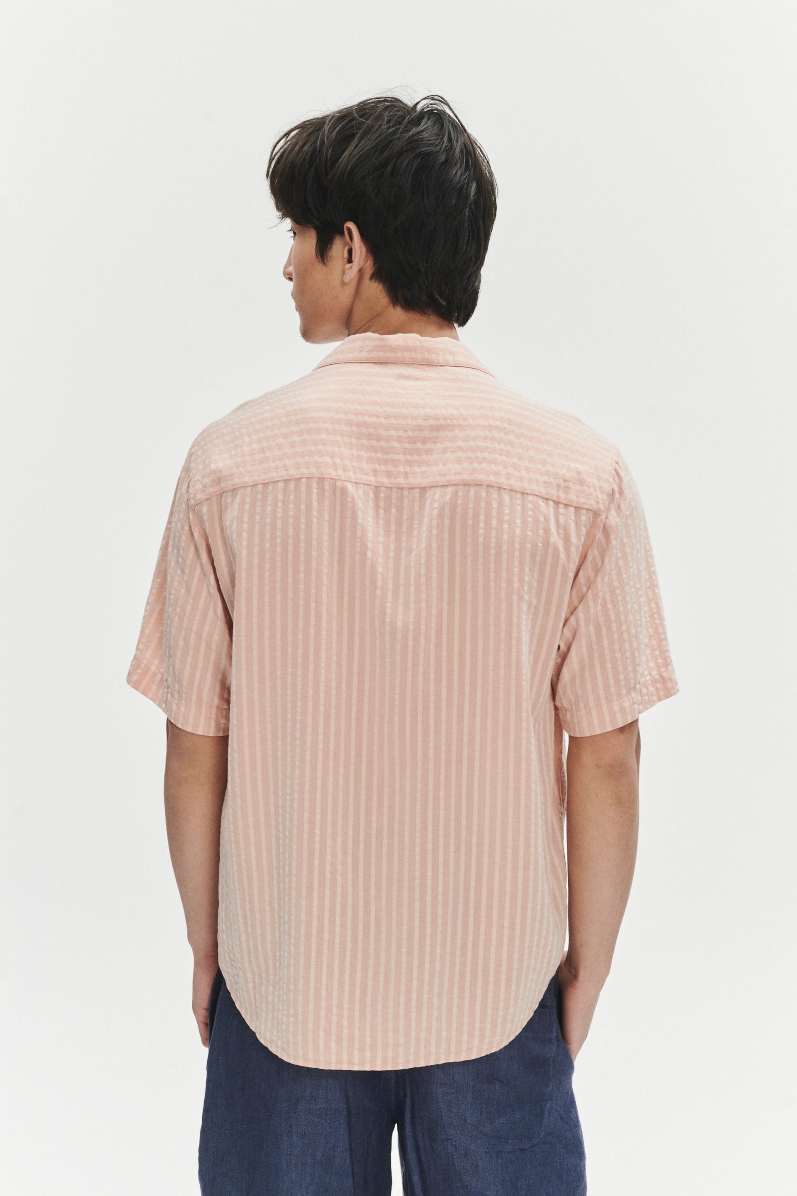 Short Sleeve Camp Collar Shirt in a Peach Pink Striped Soft Portuguese Lyocell