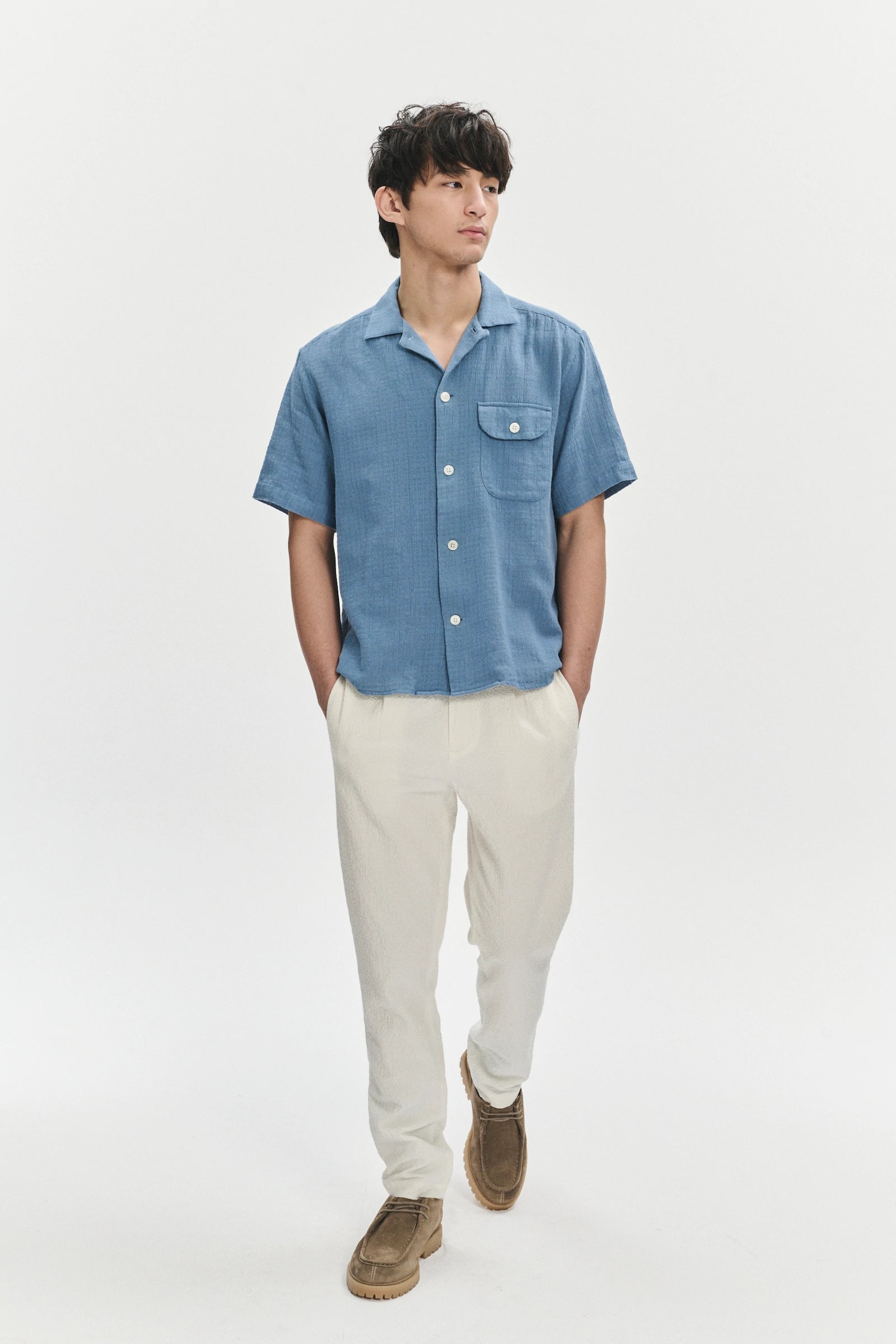 Camp Collar Shirt  in a Blue Airy Structural Portuguese Cotton