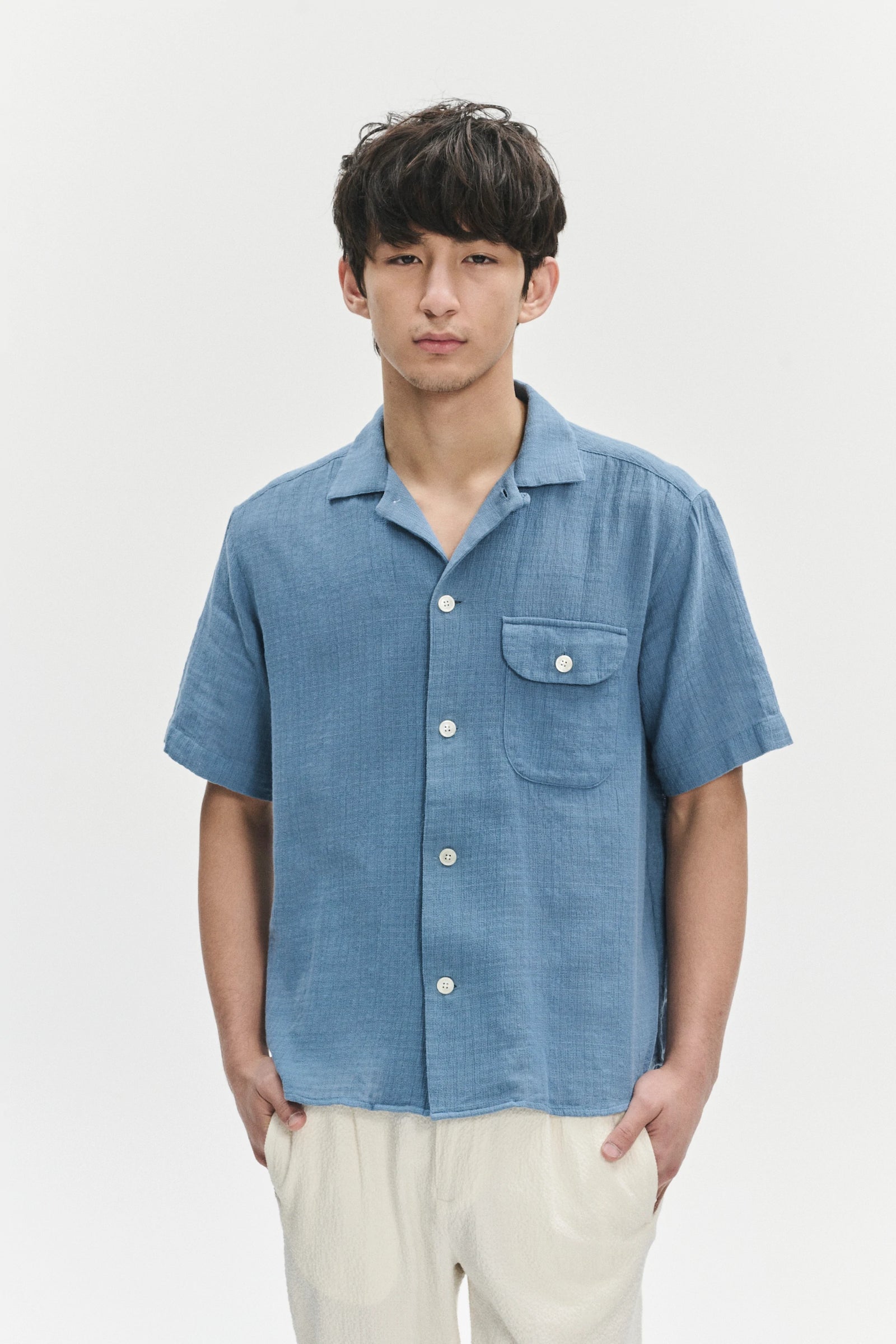 Camp Collar Shirt  in a Blue Airy Structural Portuguese Cotton