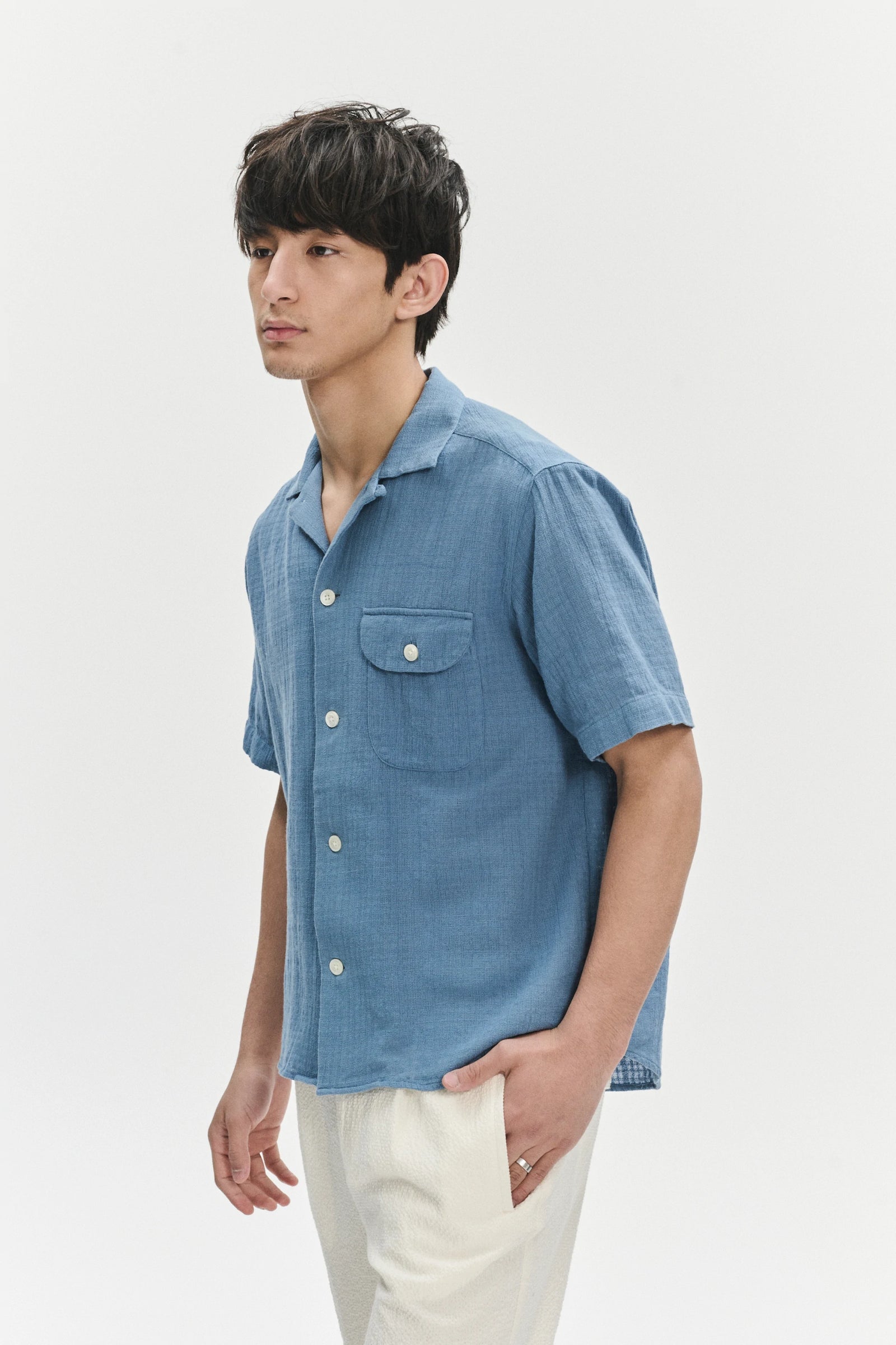 Camp Collar Shirt  in a Blue Airy Structural Portuguese Cotton
