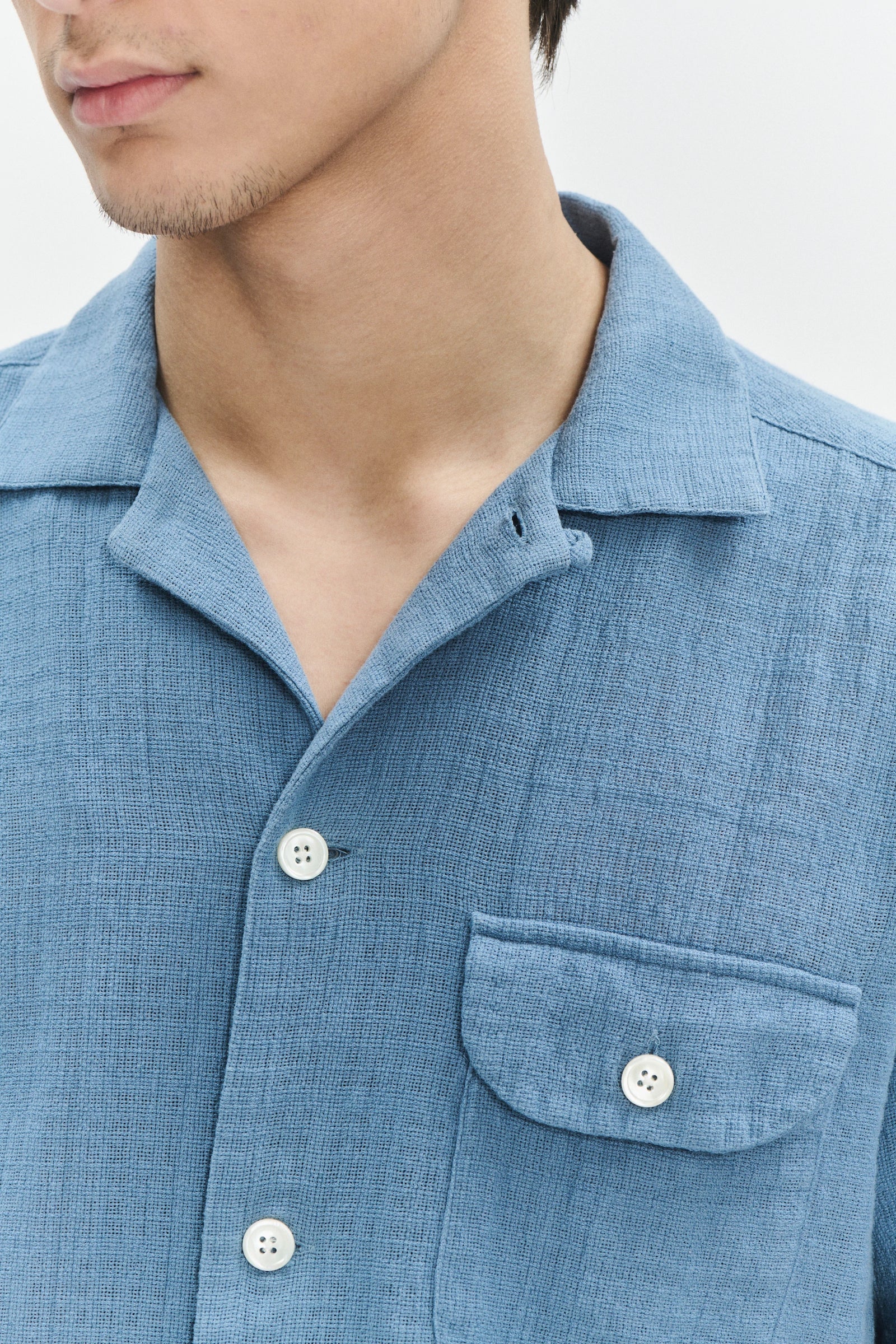 Camp Collar Shirt  in a Blue Airy Structural Portuguese Cotton