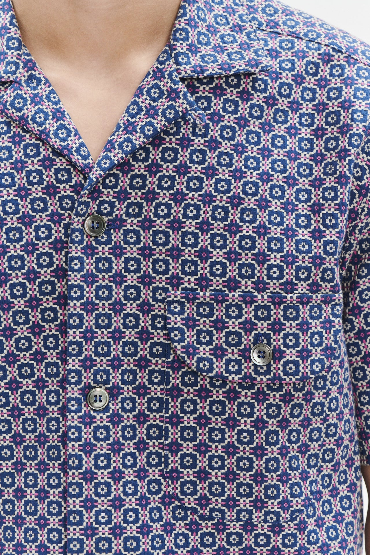 Short Sleeve Camp Collar Shirt in Portuguese Jacquard Cotton