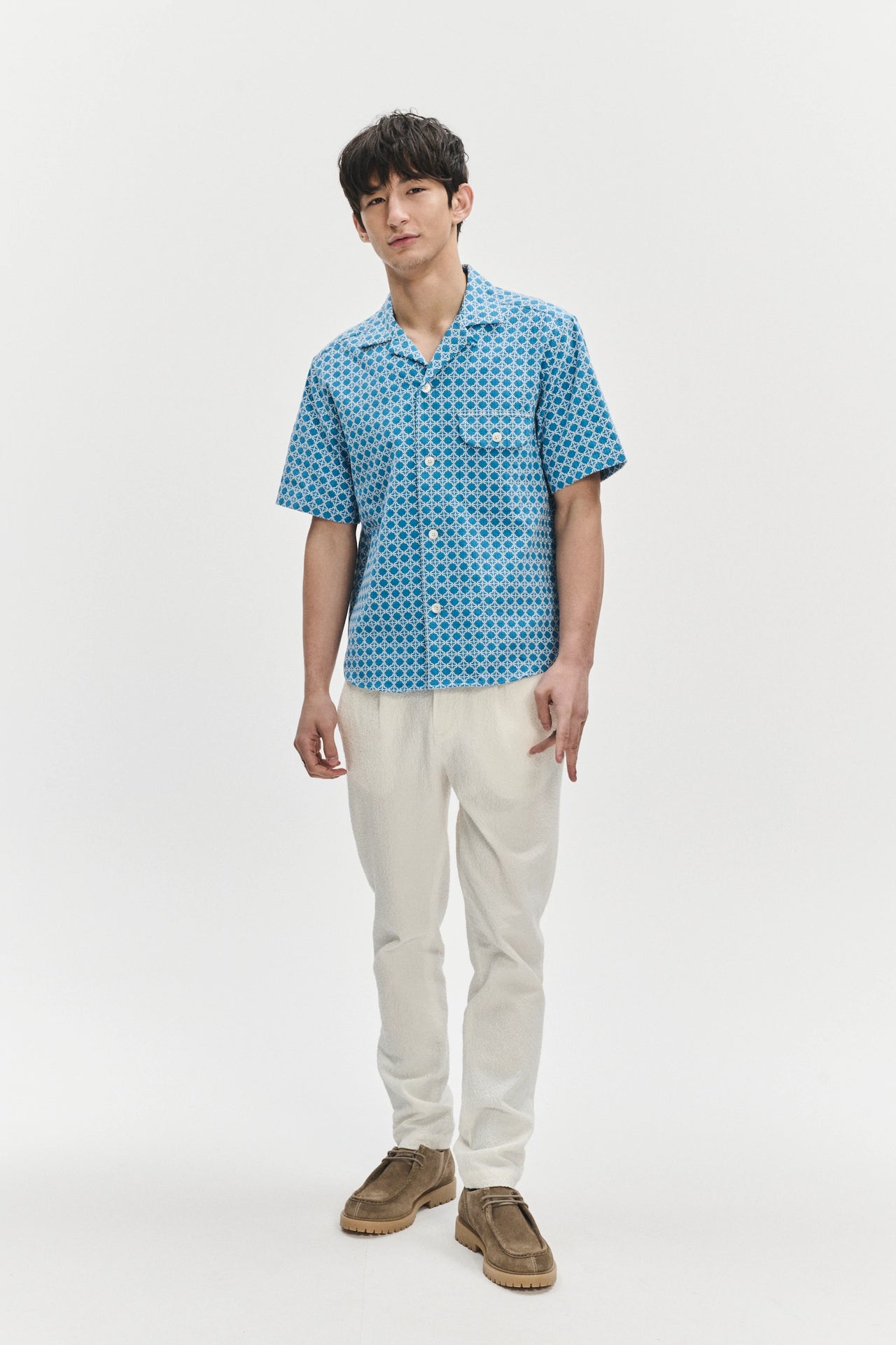 Short Sleeve Camp Collar Shirt in a Vibrant Turquoise Blue Jacquard Portuguese Cotton