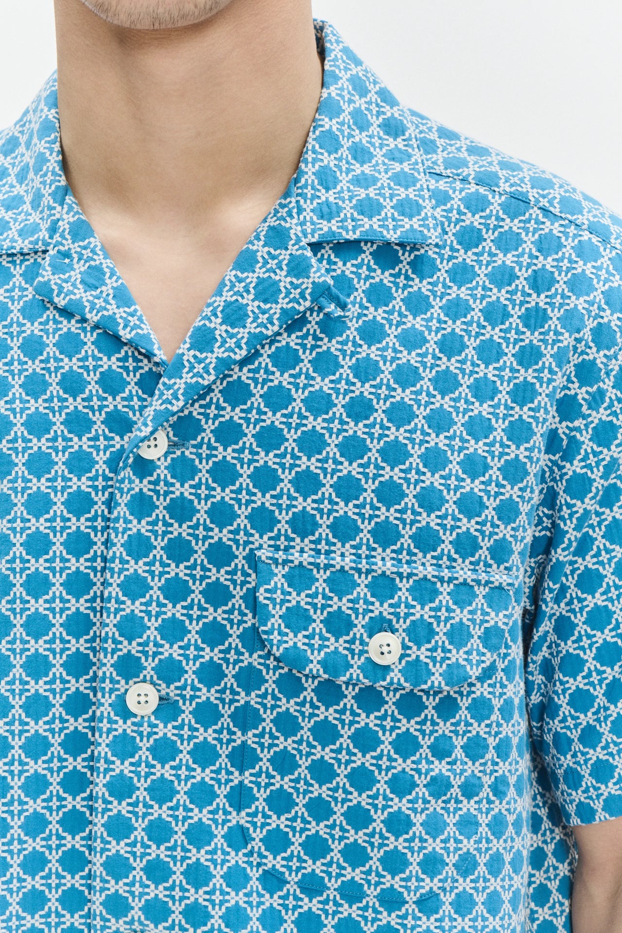 Short Sleeve Camp Collar Shirt in a Vibrant Turquoise Blue Jacquard Portuguese Cotton