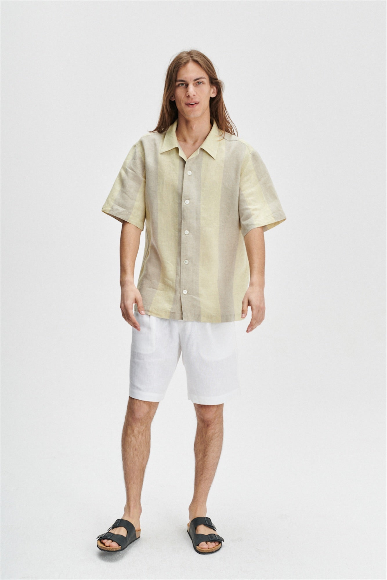 Short Sleeve Cuban Collar Shirt in a Yellow and Beige Striped Italian Traceable Linen - Exclusive
