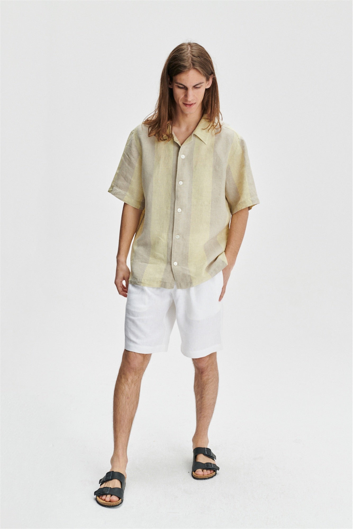 Short Sleeve Cuban Collar Shirt in a Yellow and Beige Striped Italian Traceable Linen - Exclusive