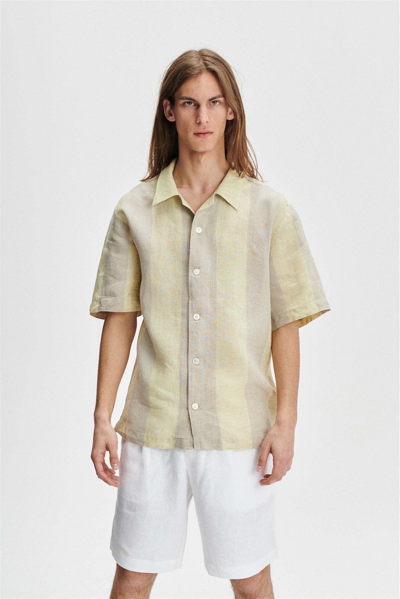 Short Sleeve Cuban Collar Shirt in a Yellow and Beige Striped Italian Traceable Linen - Exclusive