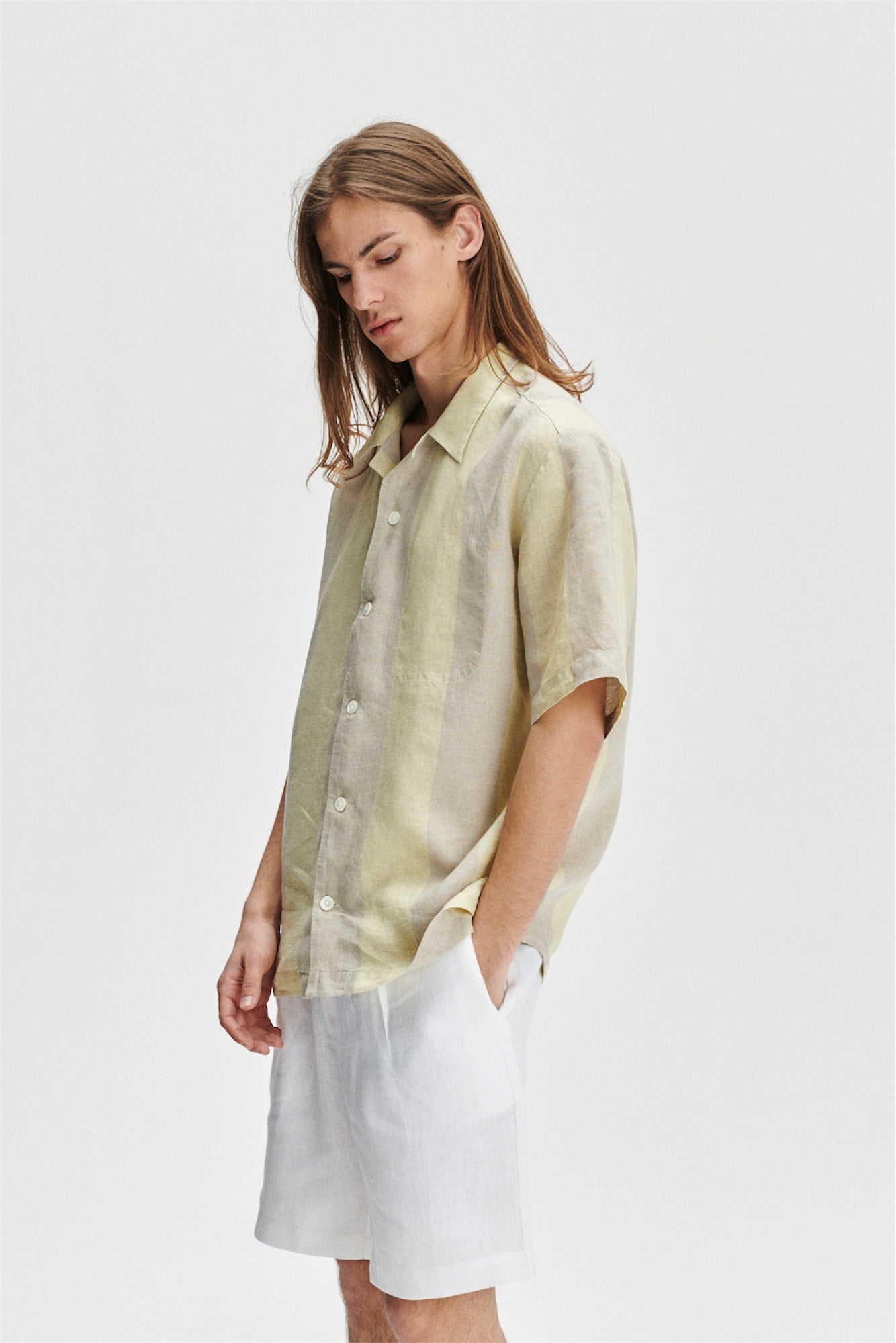 Short Sleeve Cuban Collar Shirt in a Yellow and Beige Striped Italian Traceable Linen - Exclusive