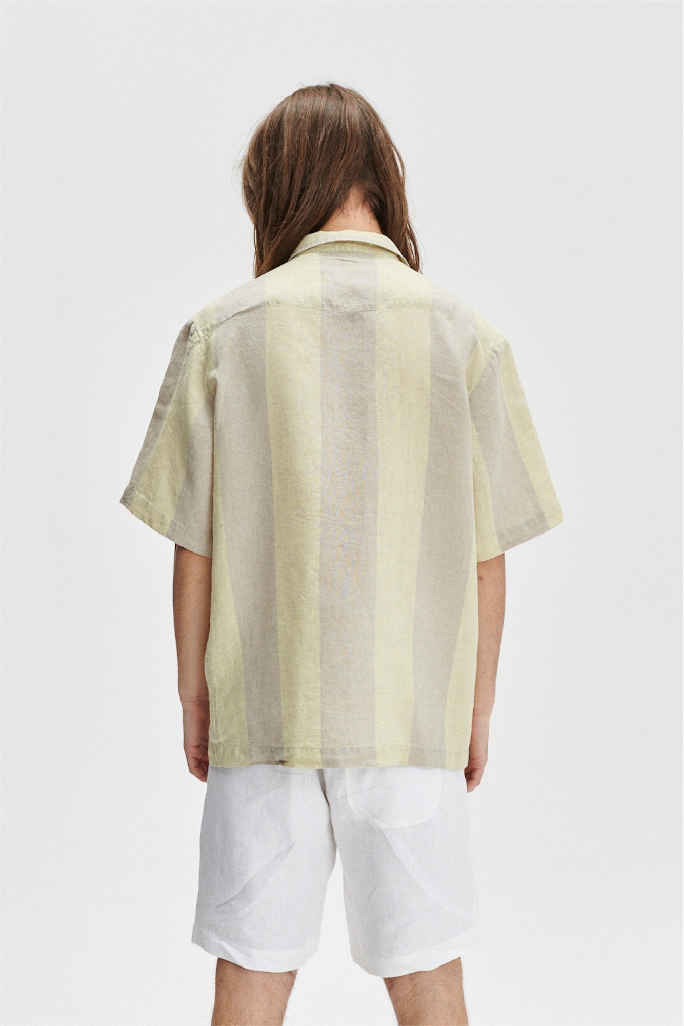 Short Sleeve Cuban Collar Shirt in a Yellow and Beige Striped Italian Traceable Linen - Exclusive