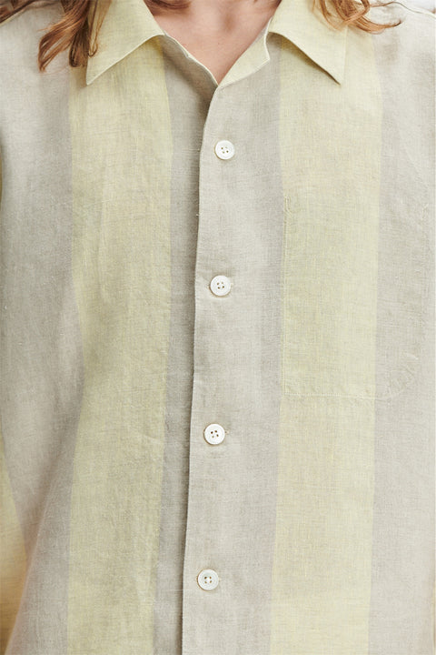 Short Sleeve Cuban Collar Shirt in a Yellow and Beige Striped Italian Traceable Linen - Exclusive