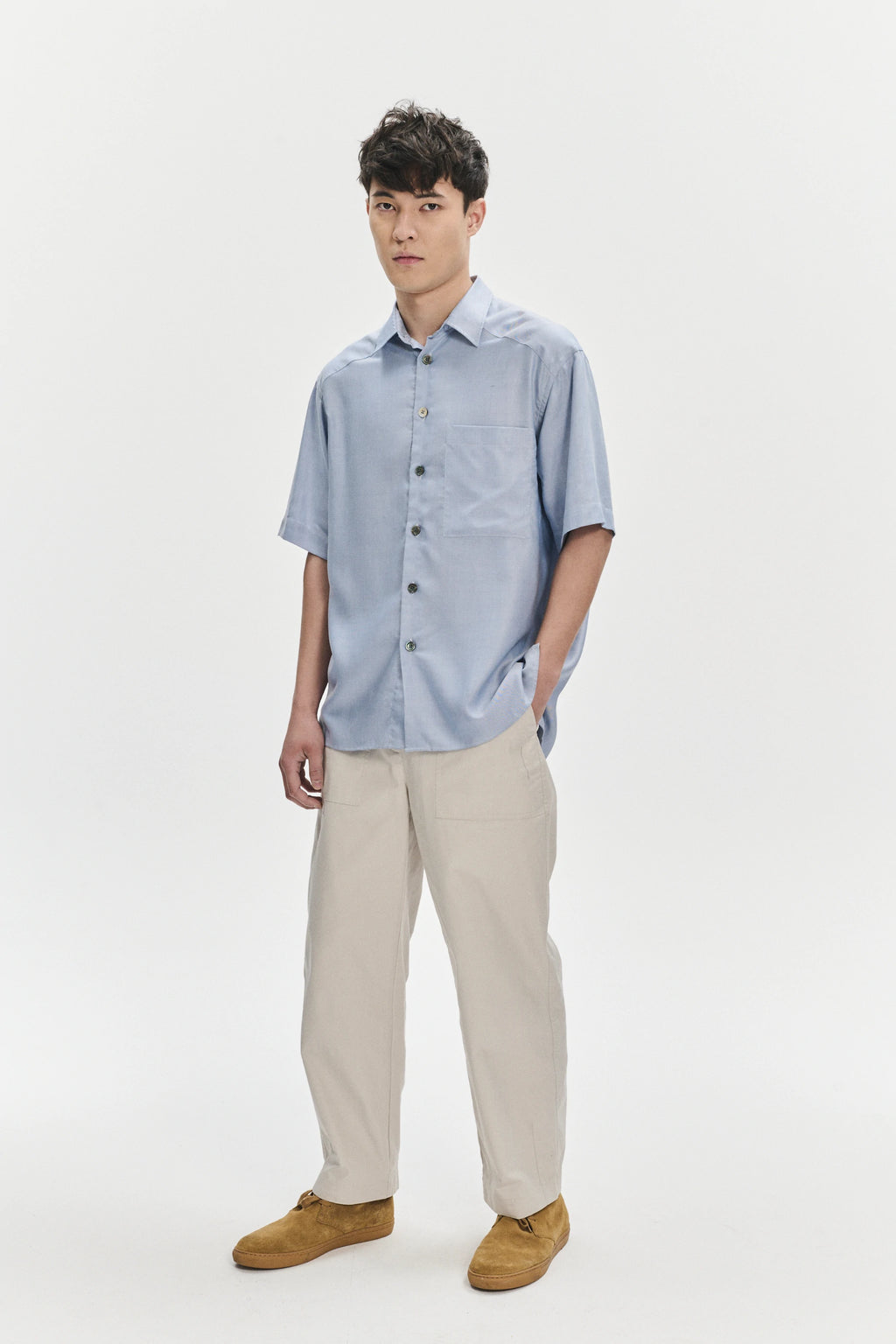 Short Sleeve Socker Shirt in an Extra Soft Blue Portuguese Oxford Lyocell