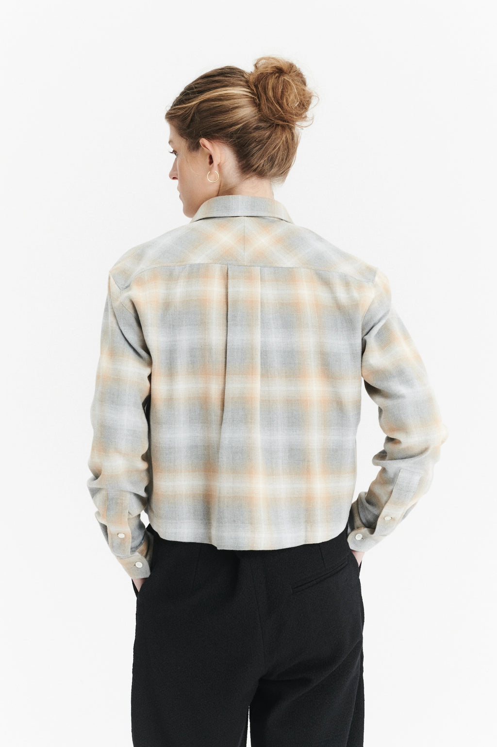 Cropped Shirt in a Soft Tonal Beige and Grey Chequered Italian Cotton Flannel