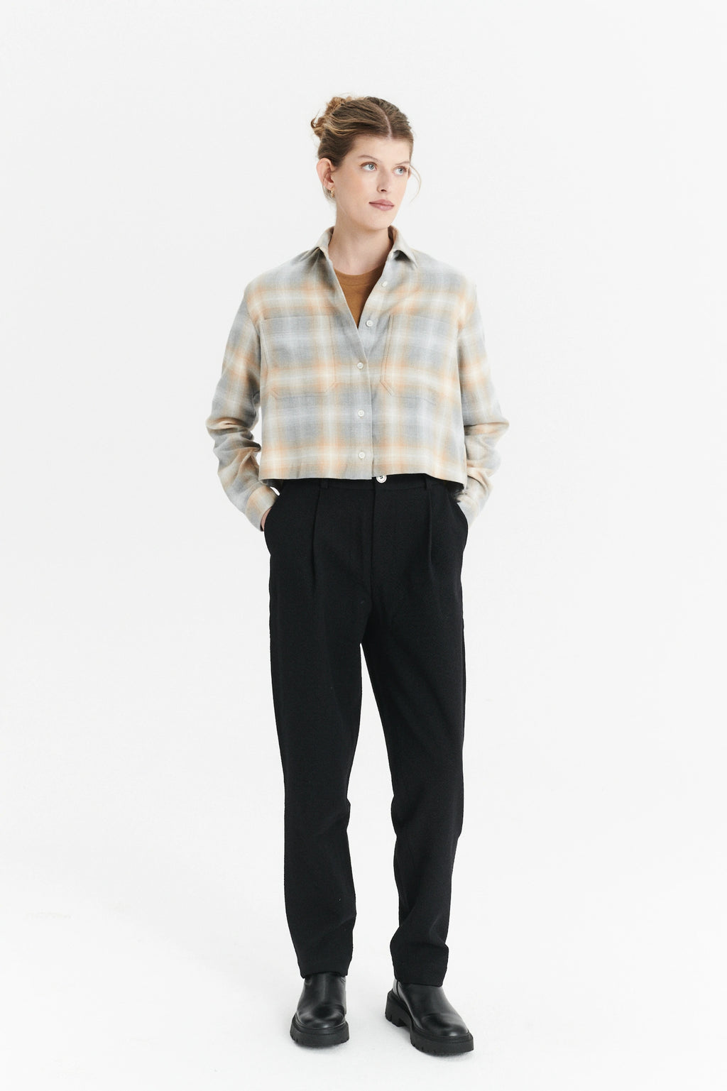 Cropped Shirt in a Soft Tonal Beige and Grey Chequered Italian Cotton Flannel