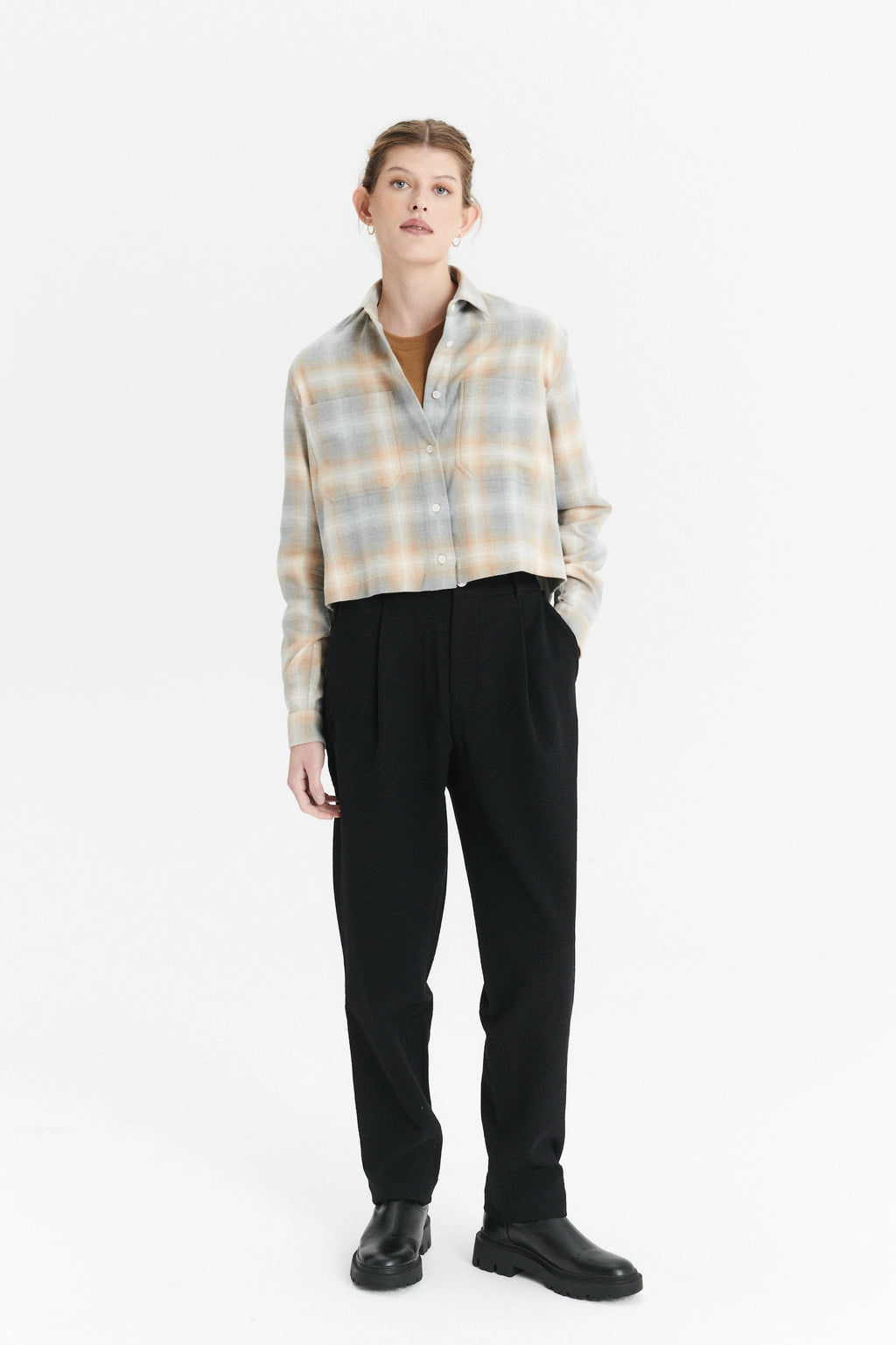 Cropped Shirt in a Soft Tonal Beige and Grey Chequered Italian Cotton Flannel