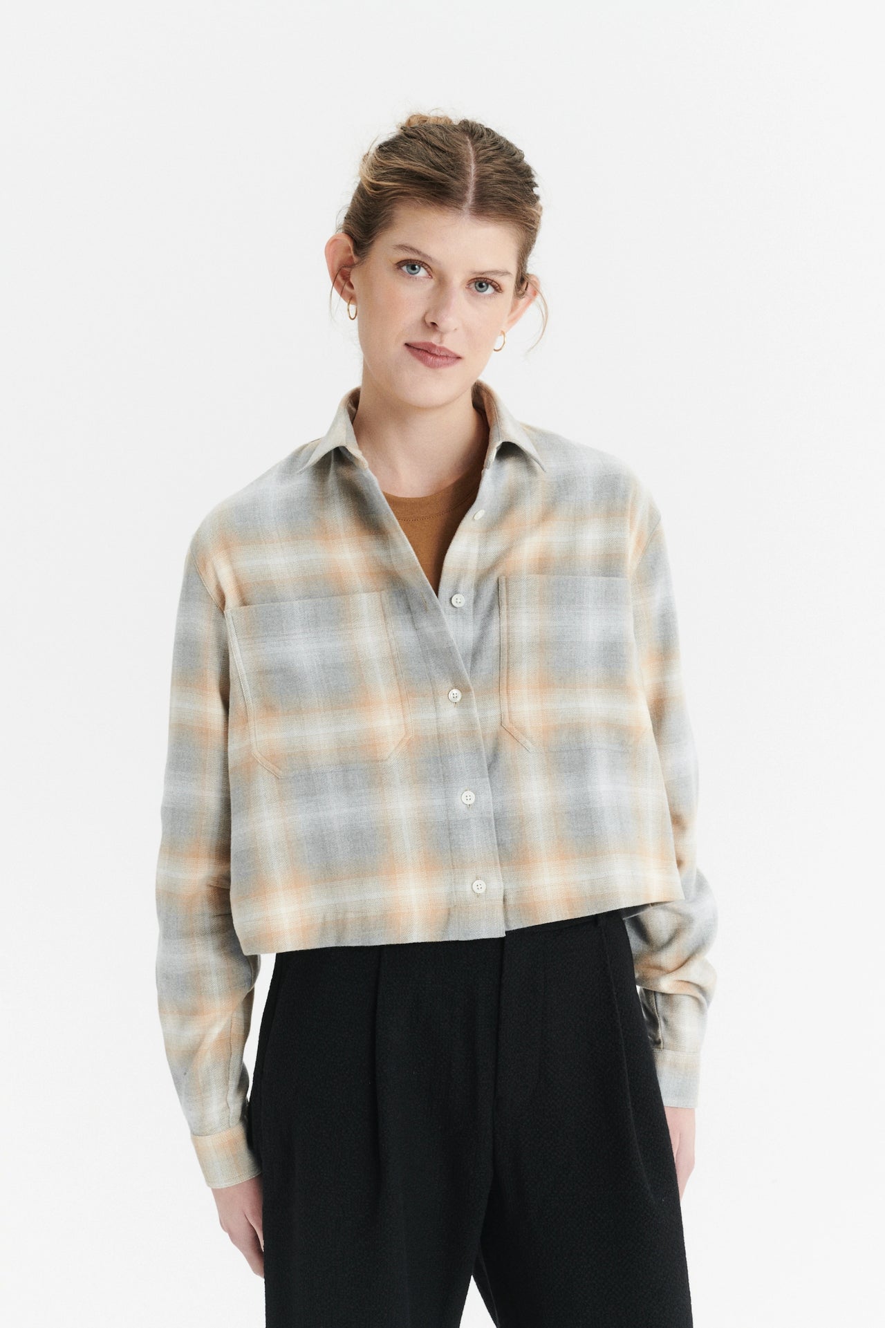 Cropped Shirt in a Soft Tonal Beige and Grey Chequered Italian Cotton Flannel